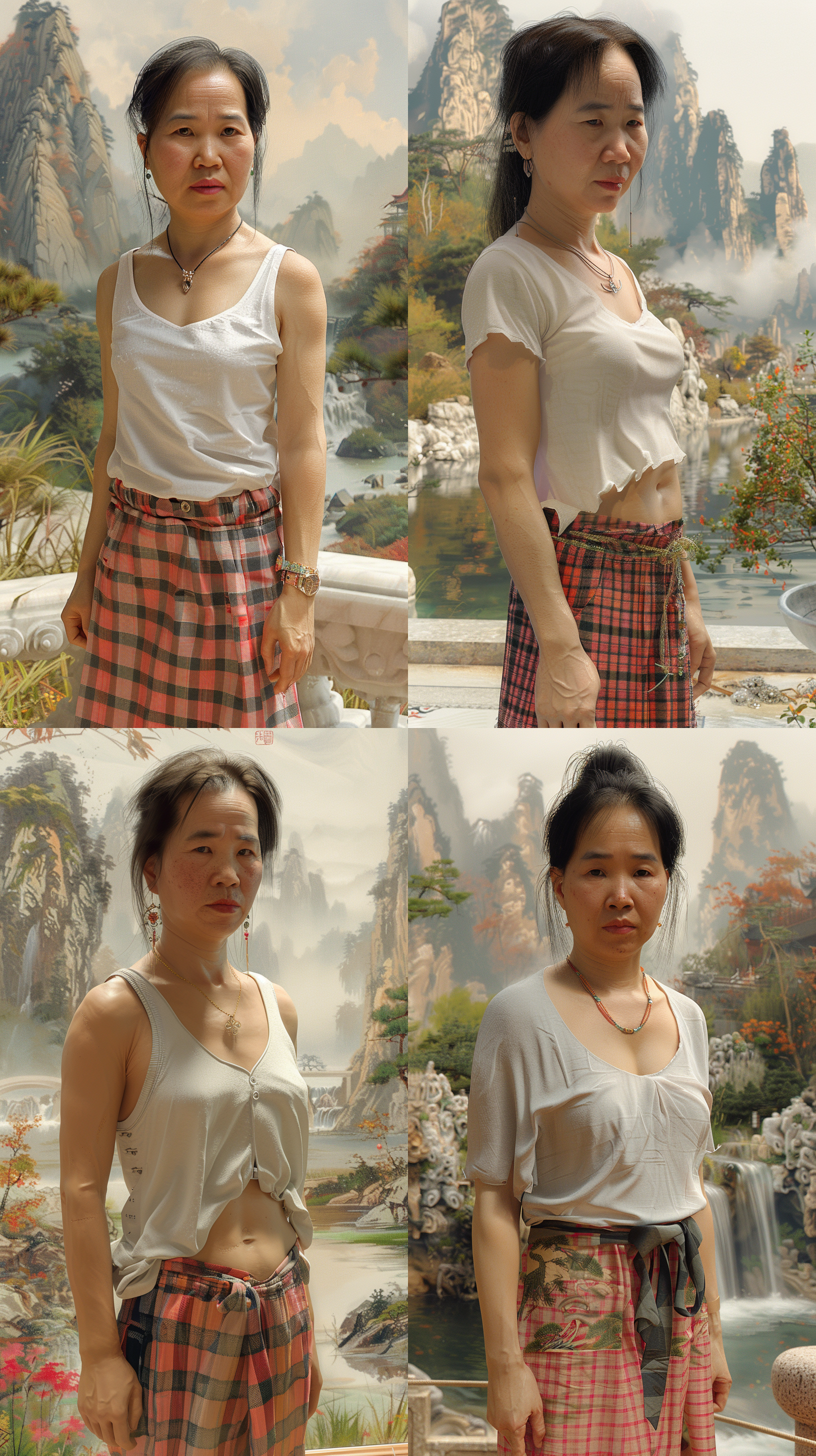 全身照，时尚的中国16岁女孩，红黑色格子短裙，浅蓝色t恤，摆着一个可爱的姿势，高山流水景观，明亮色调，c4d，8k