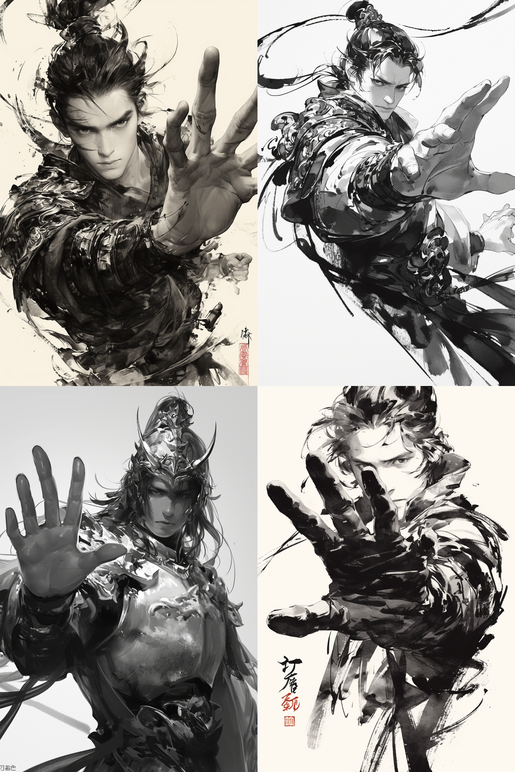 中国古代少年将军，头戴盔甲，英俊潇洒，伸手救人，身体前倾，手心朝上，准备救人，头眼睛注视伸出去的手，表情专注，骑马，武侠风格，面部特写，动作潇洒，笔触干触，高对比度，黑白两色，笔触干净流畅，白色背景