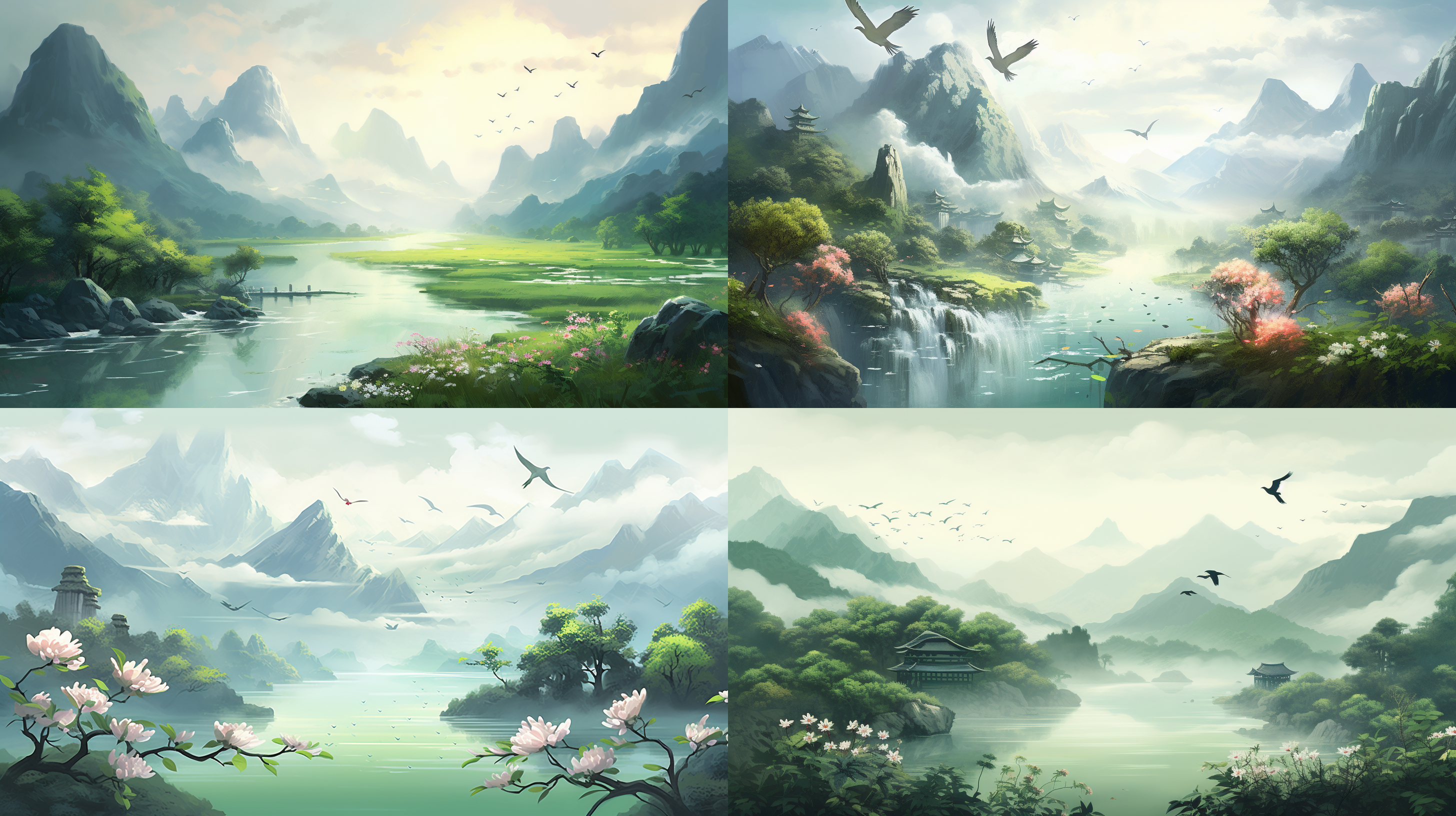 清明节，山，花，燕子，小溪，雨，春天，早晨，平面设计风格， 插图，绿色，杰作，舒适的配色，柔和的光线，广角，颜色柔和点