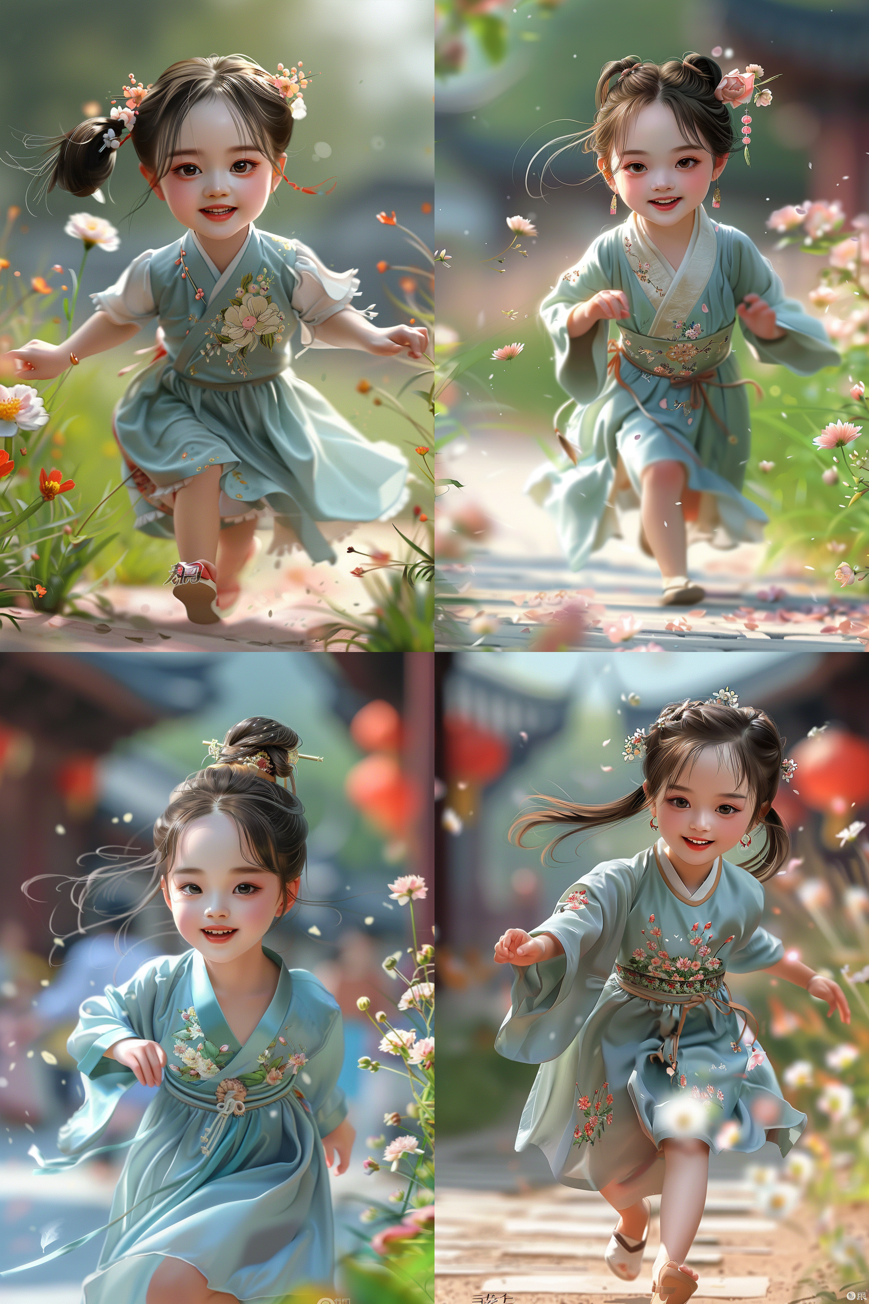 小丸子在花园里奔跑，身穿蓝色连衣裙，笑得合不拢嘴。明亮的阳光洒在她身上，花草环绕，背景虚化。欢快、明亮、自然，快门速度快，长焦镜头，自然光，活泼，快乐。