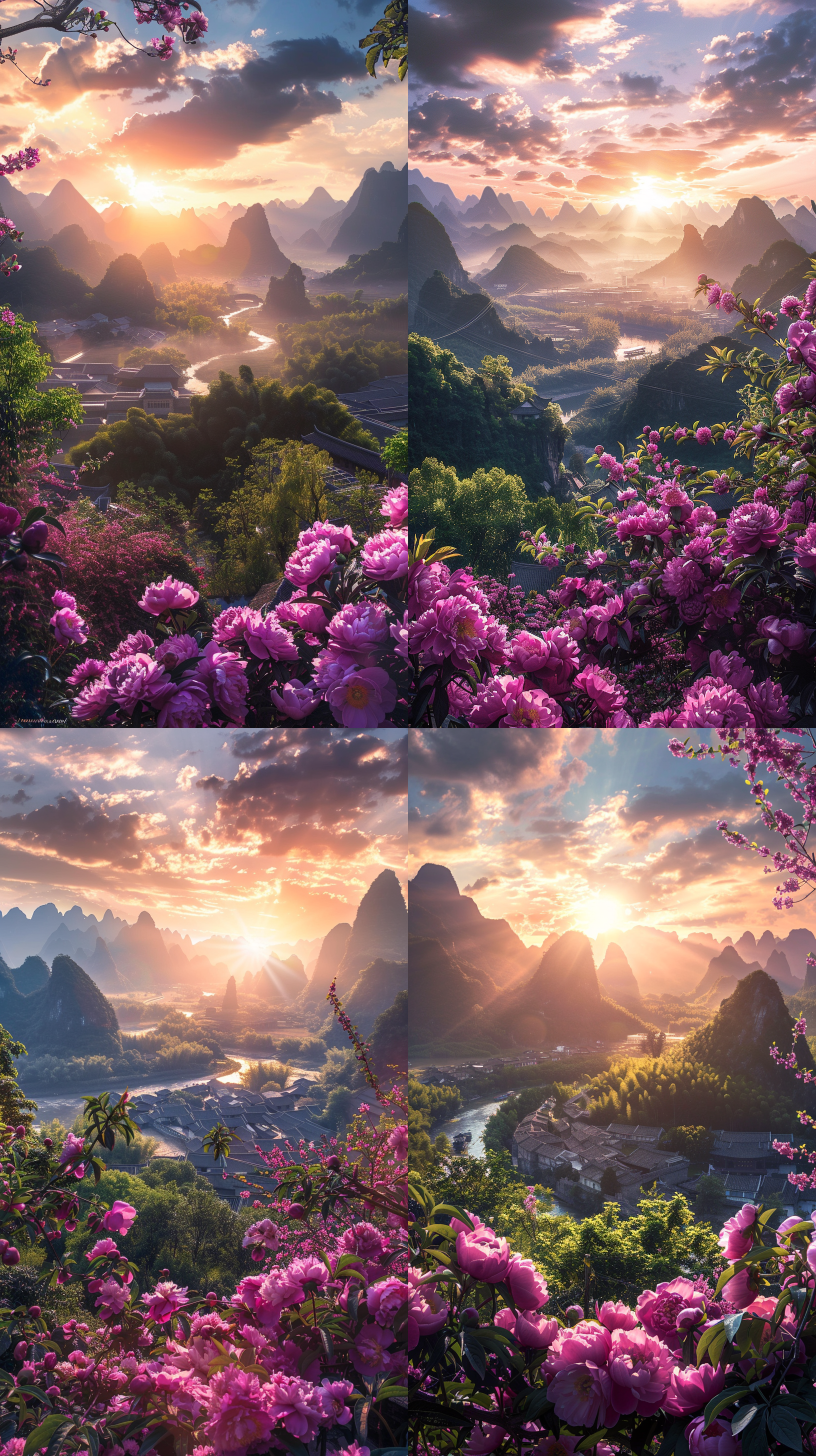 阳光照射，粉色海棠花，日出梯田，桂林山水，古建筑，广阔背景，高清，细节丰富，柔和光线 超现实主义 摄影纪实