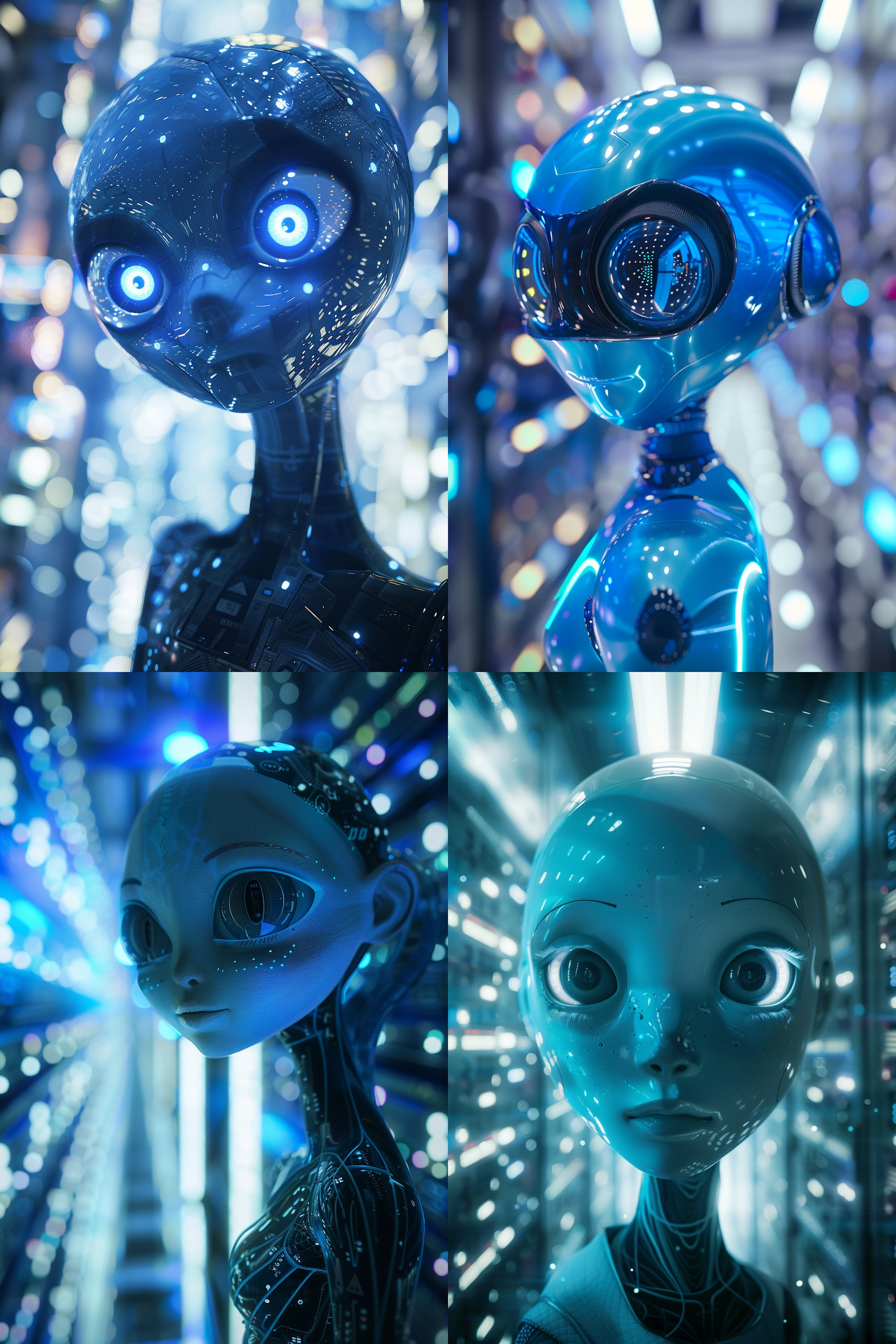 人工智能形象，大眼睛，蓝色身体，科技感十足，云服务器背景，冷色调，高光渲染，特写镜头，眼神专注，动态模糊，未来感，超现实风格。