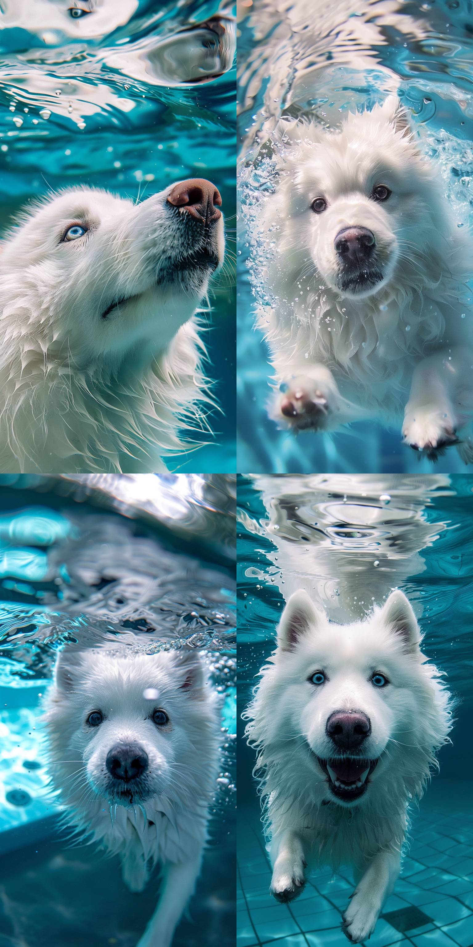 萨摩耶在游泳池里，水面倒影，清晰细节，蓝色水面，白色毛发，快门速度，清澈湛蓝，宠物游泳，活泼欢快。