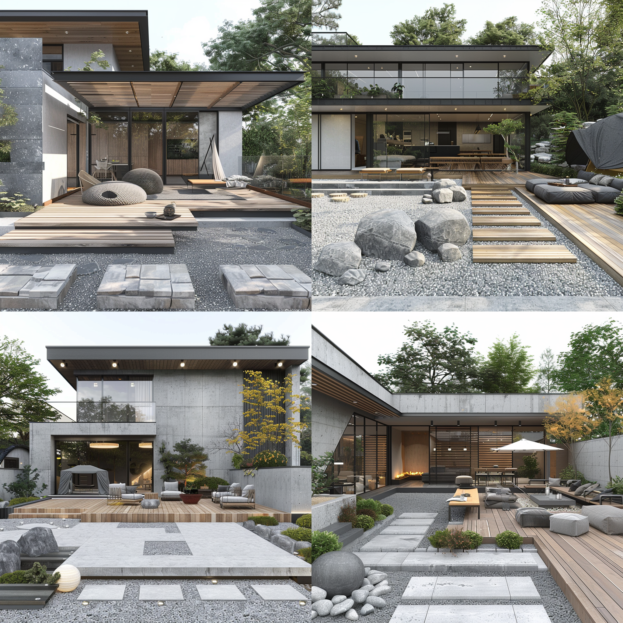 叠排屋顶，对角线布局，有碎石小道，有木地板，露营帐篷，城市景观，新中式风格，玻璃栏杆，开放式设计，va渲染器，轻松愉悦，清新明亮，多细节，高清