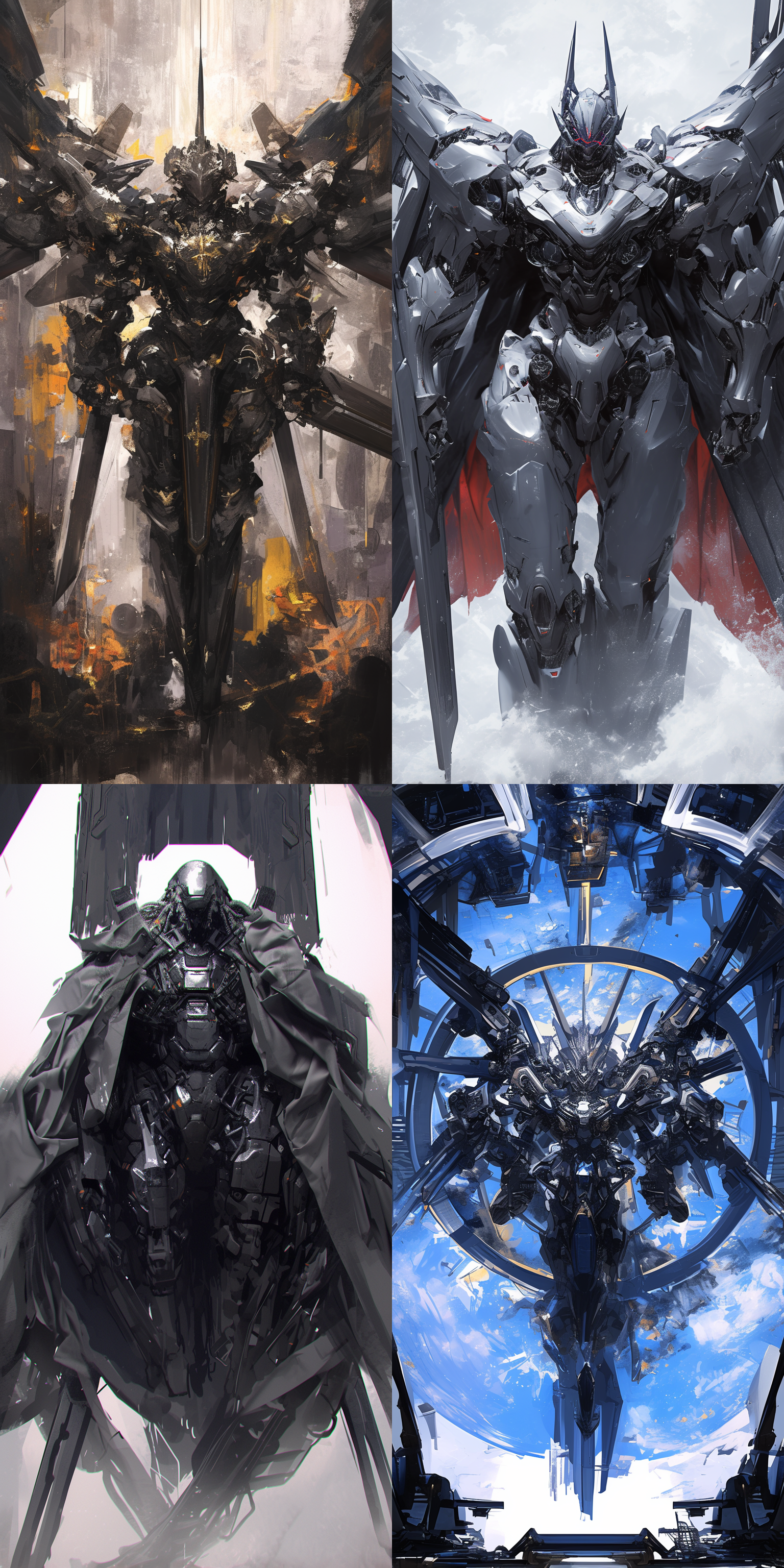 机甲战士，超清晰，宏大场景，墨黑色机甲，创世纪风格，威慑姿态，精良重武器，背后钢质羽翼，银河背景， 未来主义 创风格 并列构图 径向构图 航拍视角 超广角 宽景 倾斜视角 全身 主观视角 仰视视角 金属质感