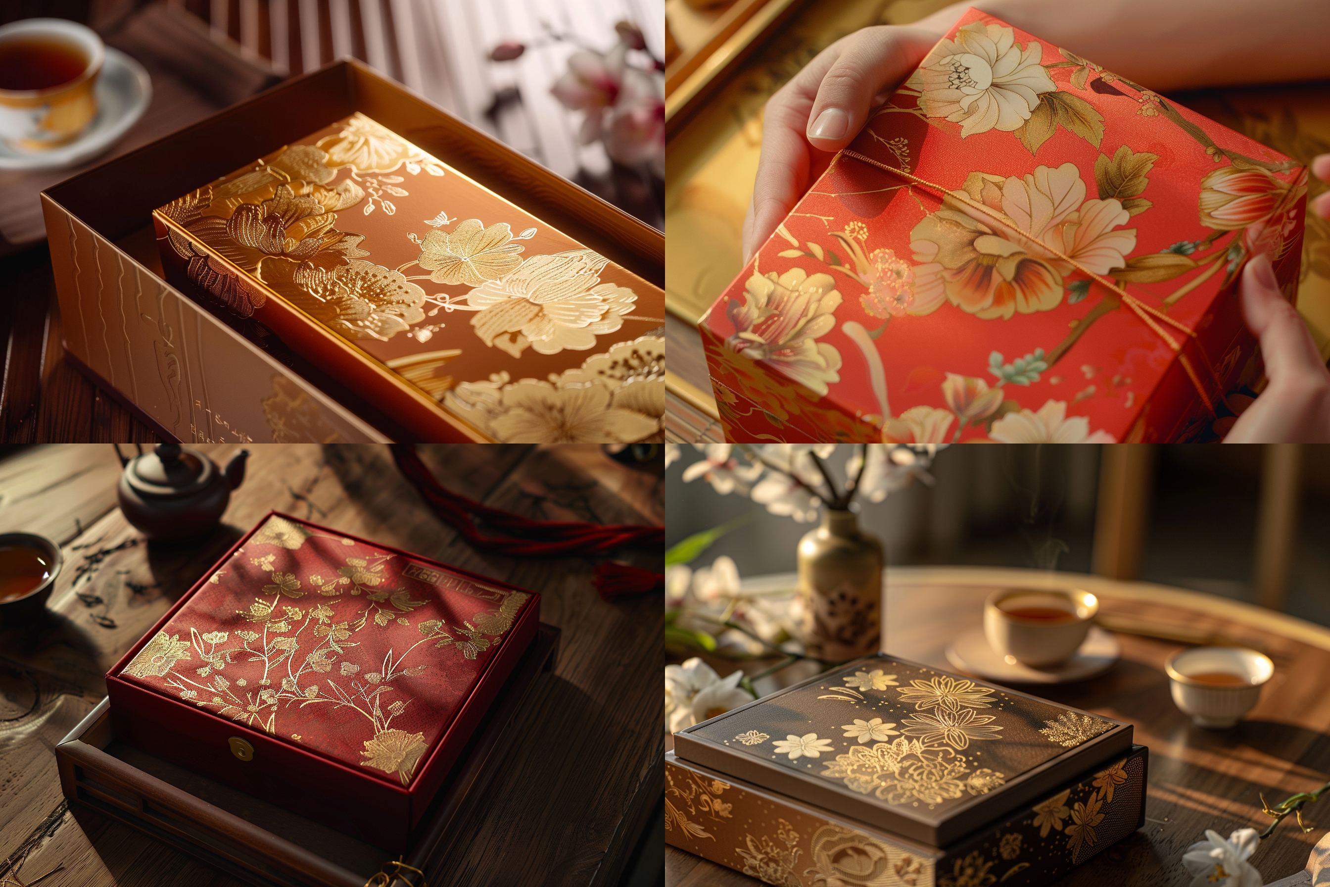 精品茶叶礼盒，金色烫印，优雅布局，高质感环境，暖色调，微距镜头，细节丰富，柔和侧光，品茗动作，传统与现代融合，典雅。