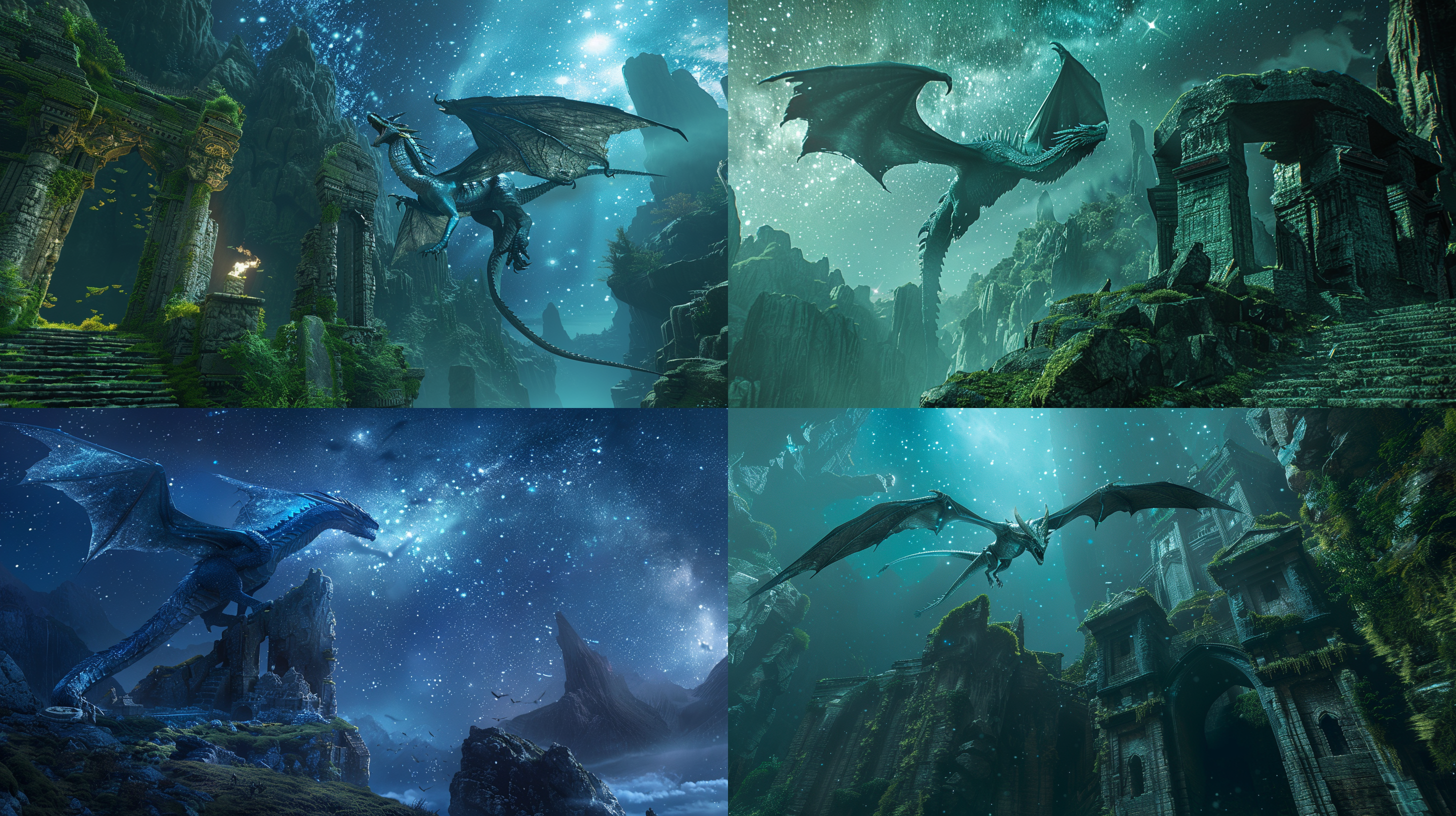 巨龙飞过青苔覆盖的古老神殿，身躯蓝色，在星空下璀璨。8k画质，环境真实，广角镜头，北欧风格，神秘光影，壮丽气势，神奇色彩。