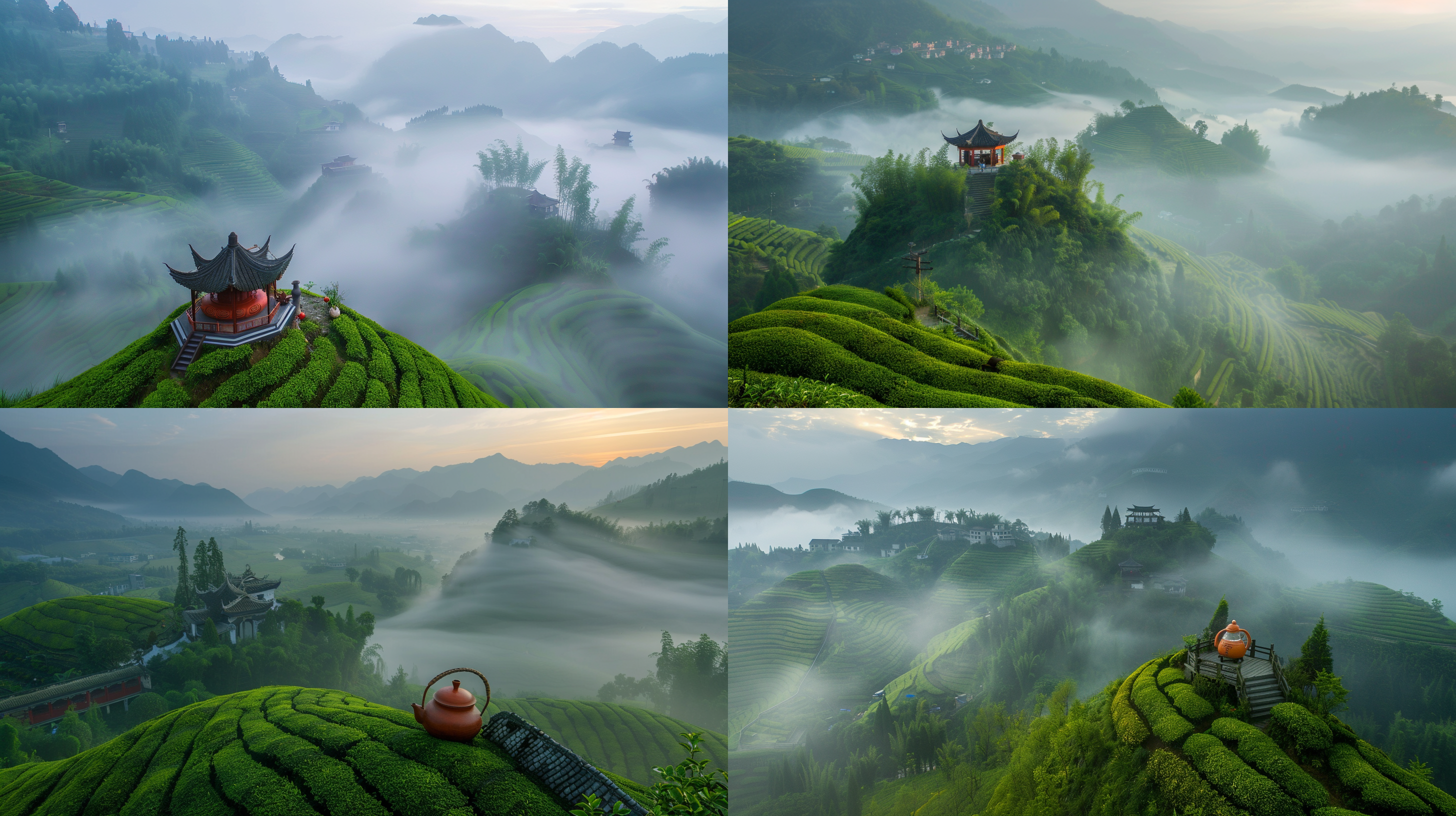 恩施伍家台美丽的茶山，茶山山顶有一个茶壶，茶壶向前倾斜