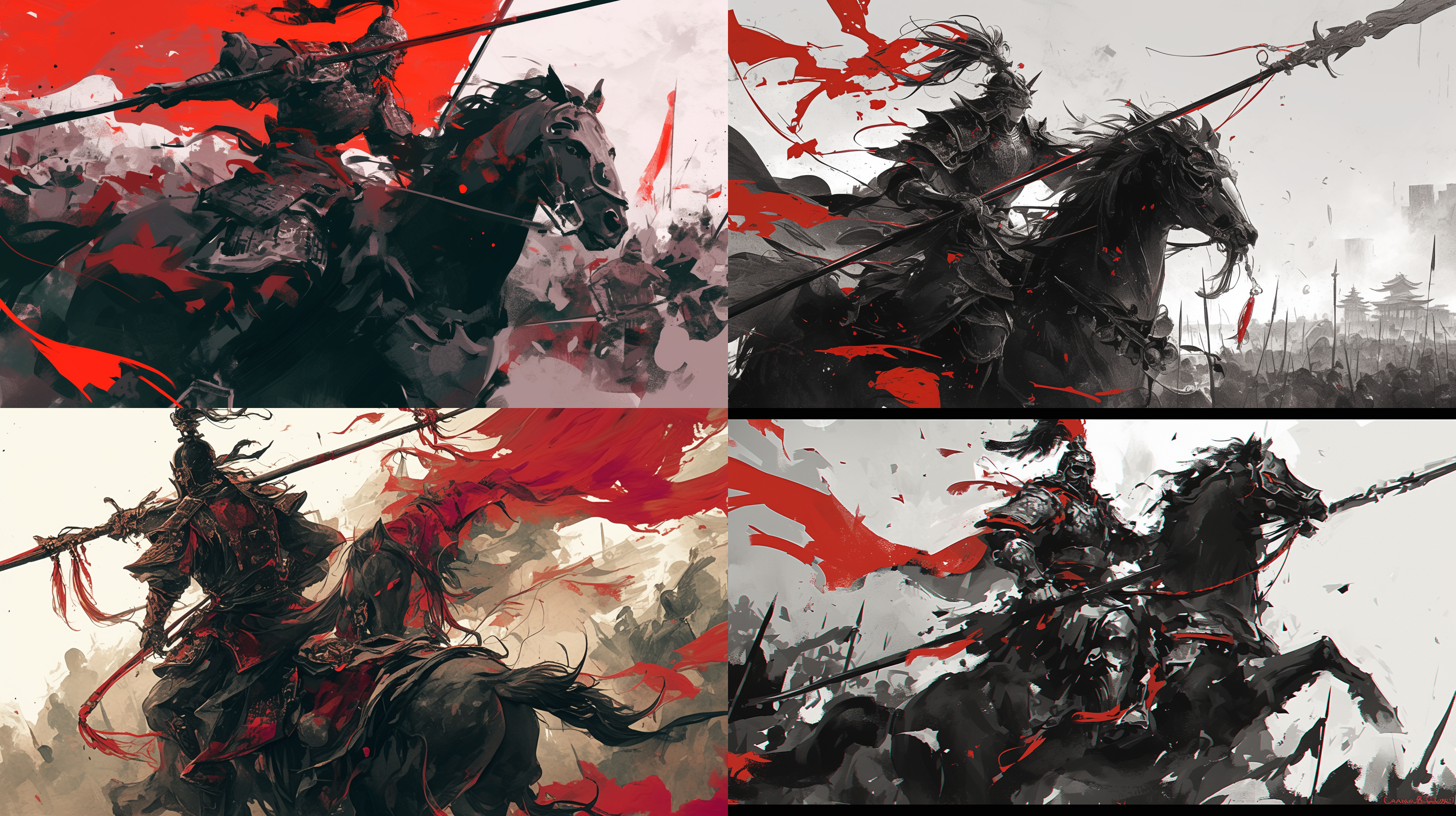 男人手持武器长枪，侧面剪影，三国将军盔甲服装，骑在马上，马前蹄扬起，马头抬起嘶叫，单色调，三国战场背景，战场中加入战斗后的尸体，残壁断垣，红缨枪特写，黑白水墨画风格，高质量镜头，三国时代将军英姿，三国时代将军剪影，头盔战甲，静谧情感。 水墨插画