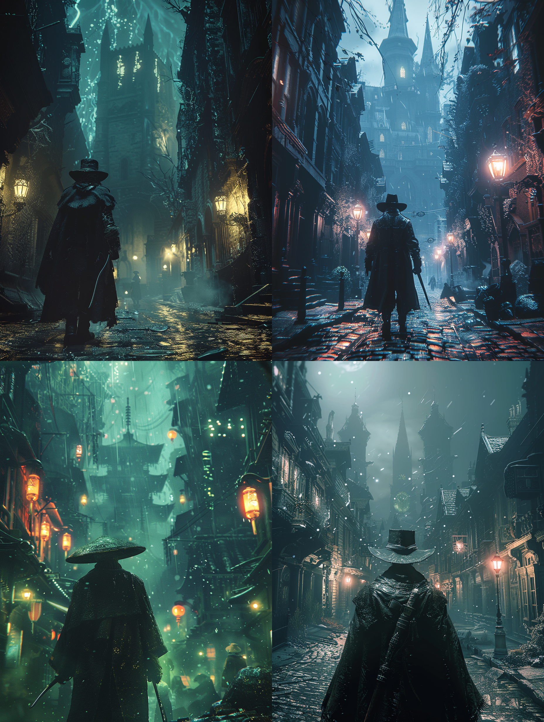男人，黑色的风衣，黑色的宽檐帽，手持一把武士刀，站立，背景是哥特风格街道 ，夜晚，诡异的灯火，远处有扭曲诡异的人影，冷色调，4k，bloodborne，虚幻引擎 oc渲染器