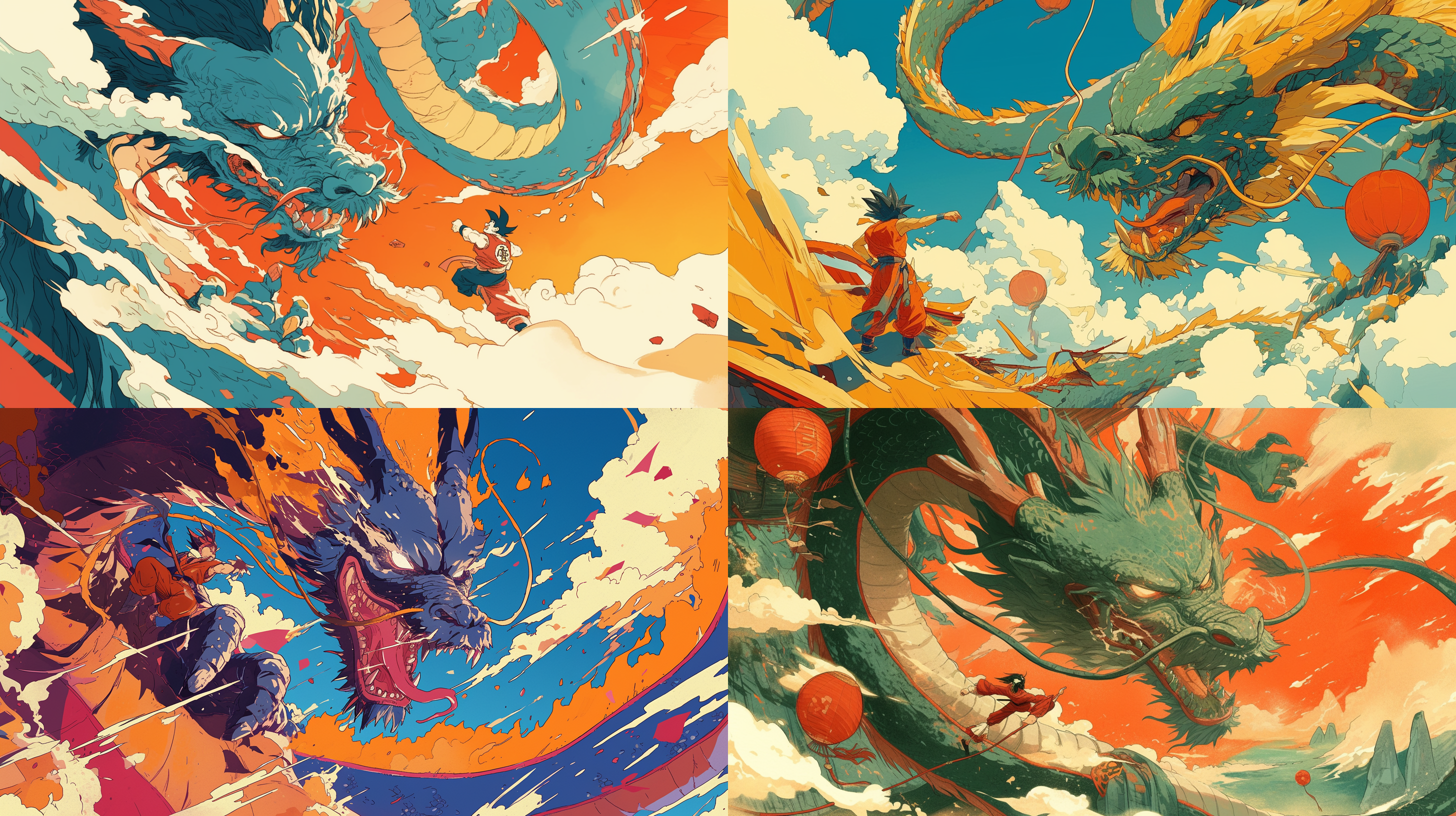 the chinese dragon soars through the sky with its four claws, depicted in a hand-drawn comic that roars with a breathtaking scene, saturated colors, dynamic composition, rich details, and a sense of perspective, exuding an atmosphere of battle with the dragon balls.