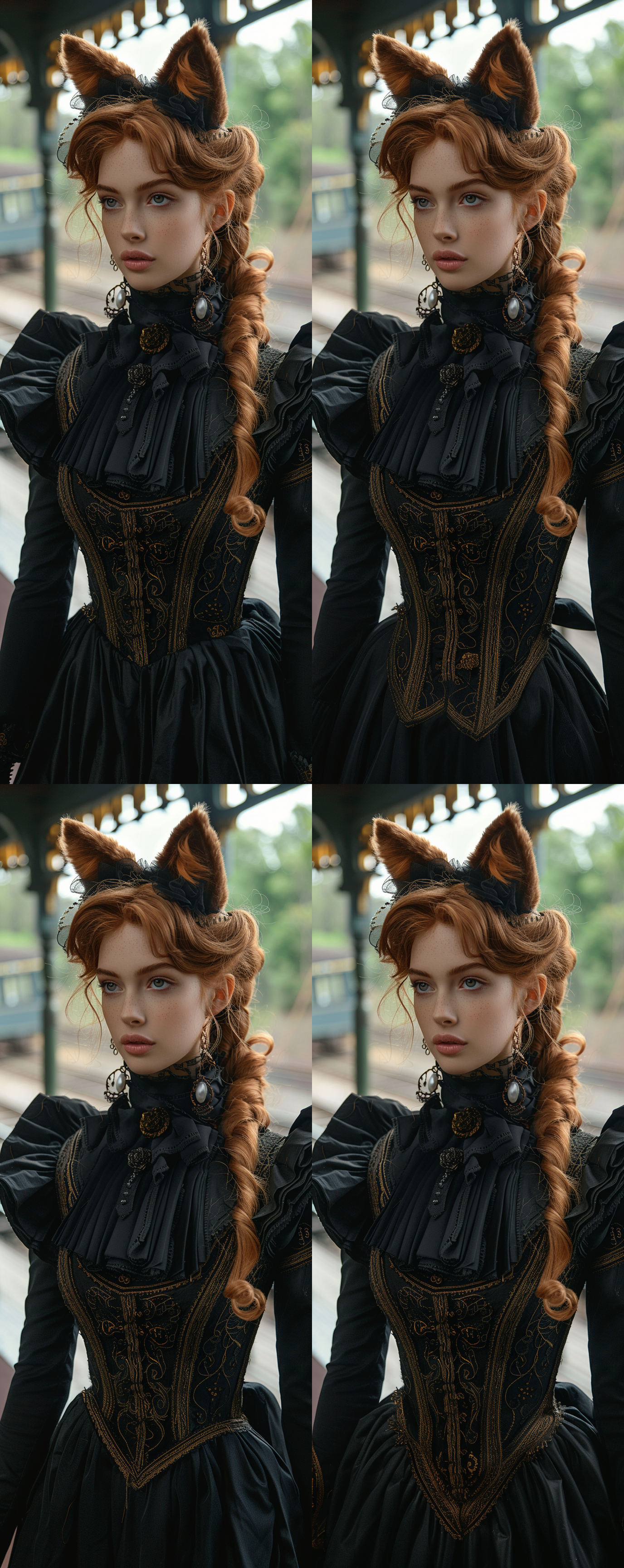 elena satine，狐狸耳朵，维多利亚时代的黑色连衣裙，长靴，背景是19世纪的火车站站台，6k