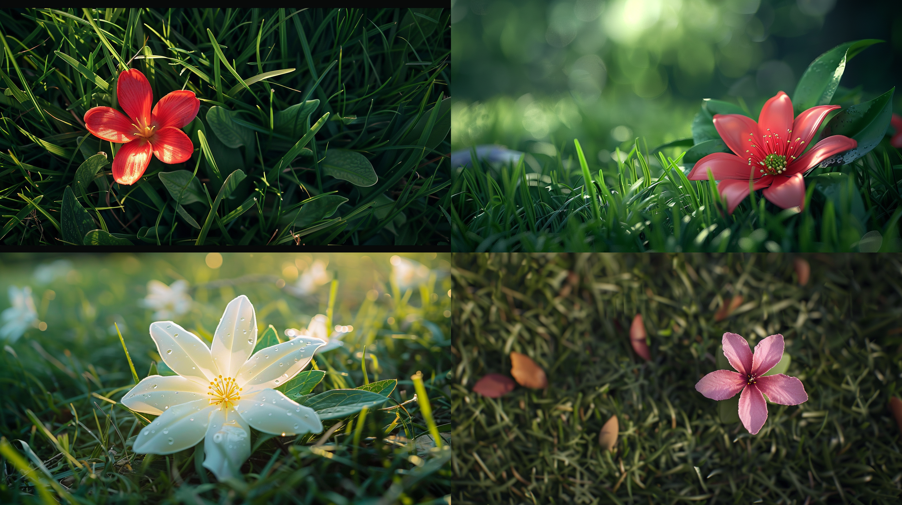 a flower blooming on the grass, 45 degrees, plastic transparent flowers and leaves, inflated, real scene, looking up,16:9,v6