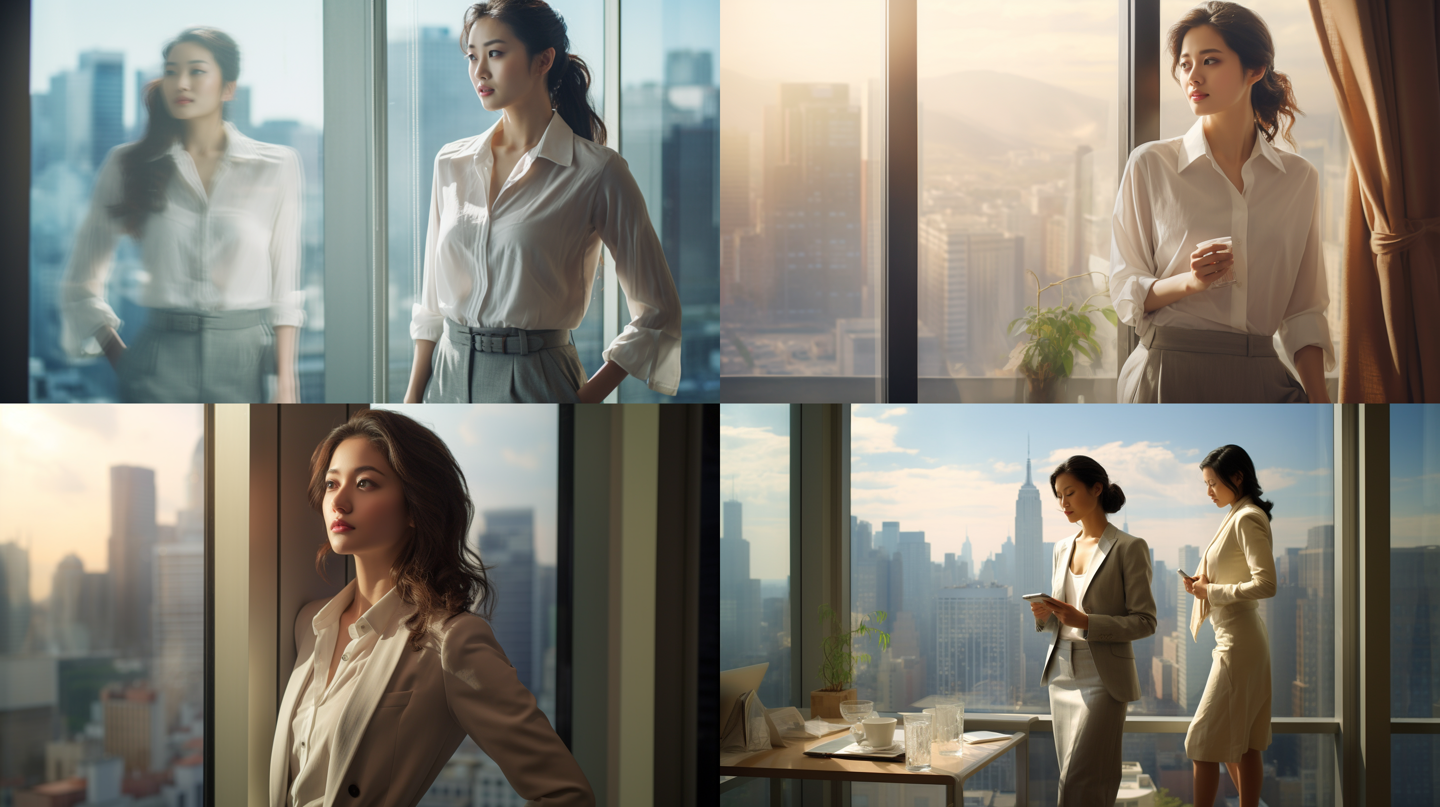 亚洲女性白领，写字楼室内，落地窗外城市景观，窗帘微开，柔和侧光，睡眠姿态，专业装束，放松表情，温暖色调，柔焦镜头，静谧。