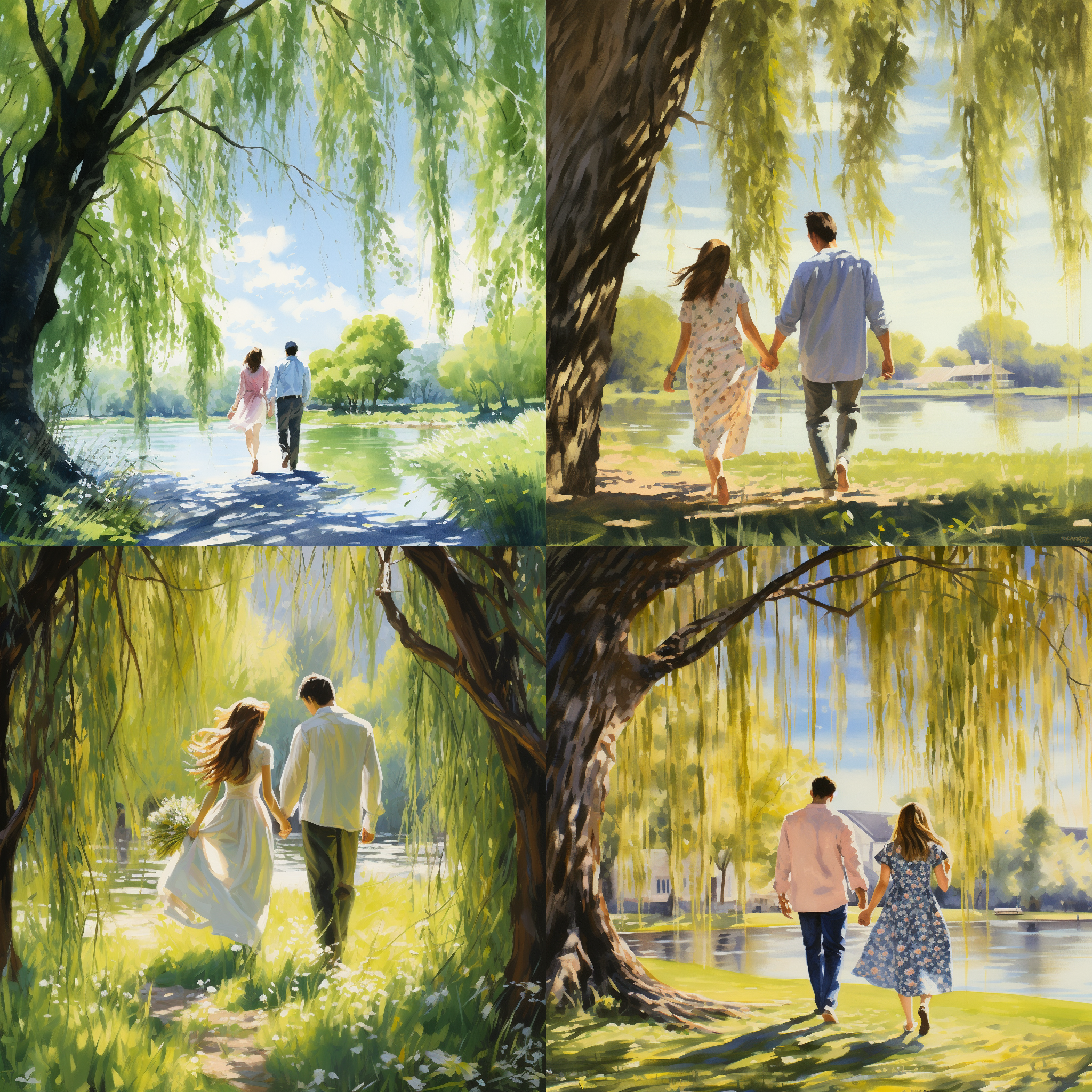 春日踏青，一对情侣手牵手漫步在婆娑的柳树下，微风吹拂着二人的衣裳，阳光洒在他们身上，温暖明亮。自然光，浪漫，低角度，柔和色调，恬静，幸福。