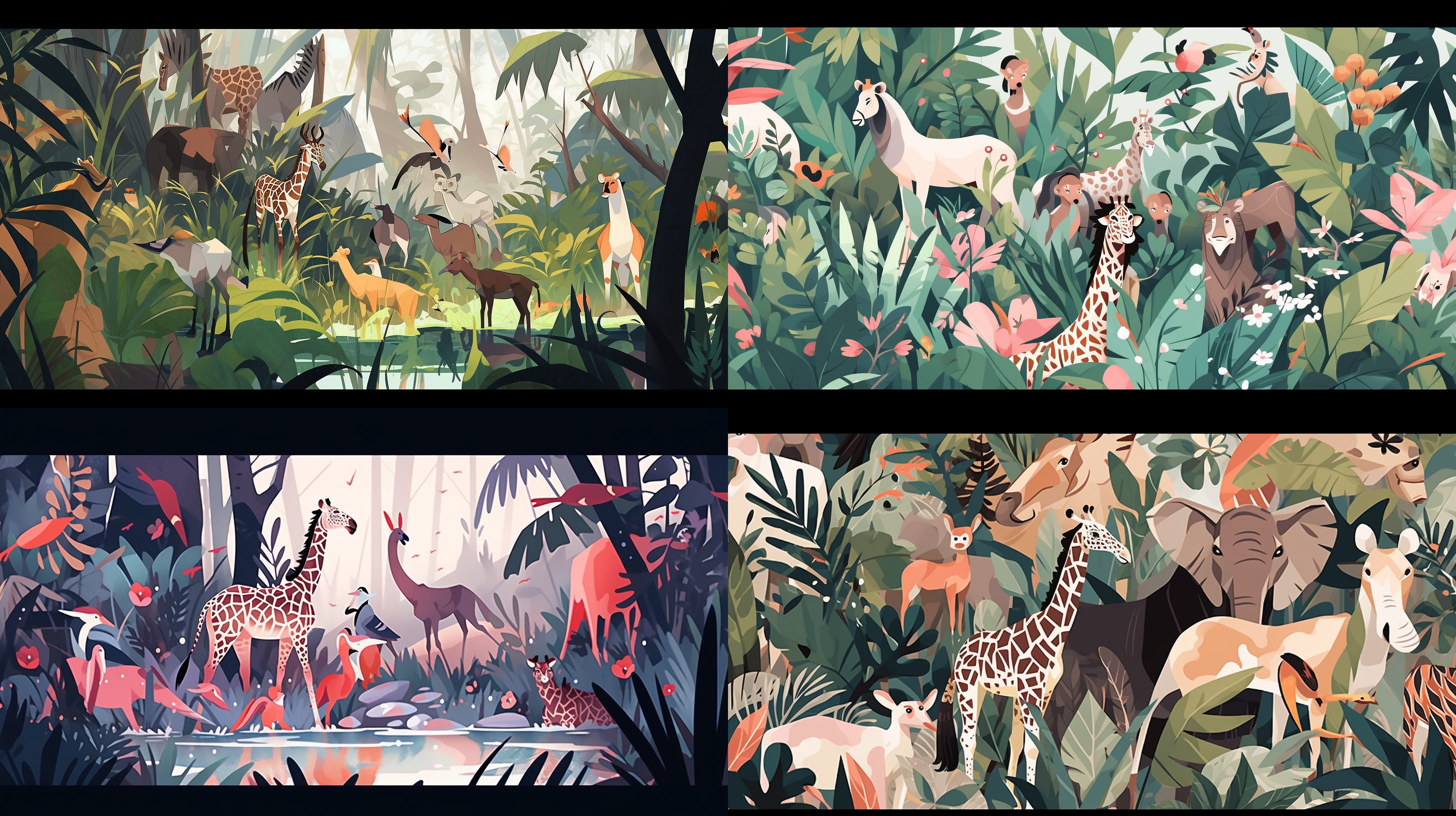 热带雨林里有小狮子，大象，河马，斑马，长颈鹿，扁平简约绘画