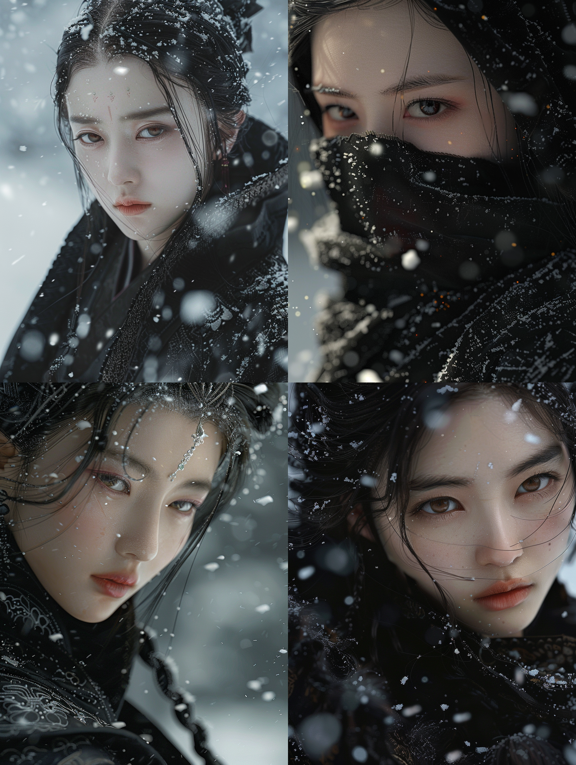 a chinese ancient heroine in the snow,cold gaze,pale skin tone,extreme close-up,wearing black the clothing of the northern barbarians of ancient china,highly detailed dramatic lighting in the style of albrecht durer and gustave dore, influenced by william blake