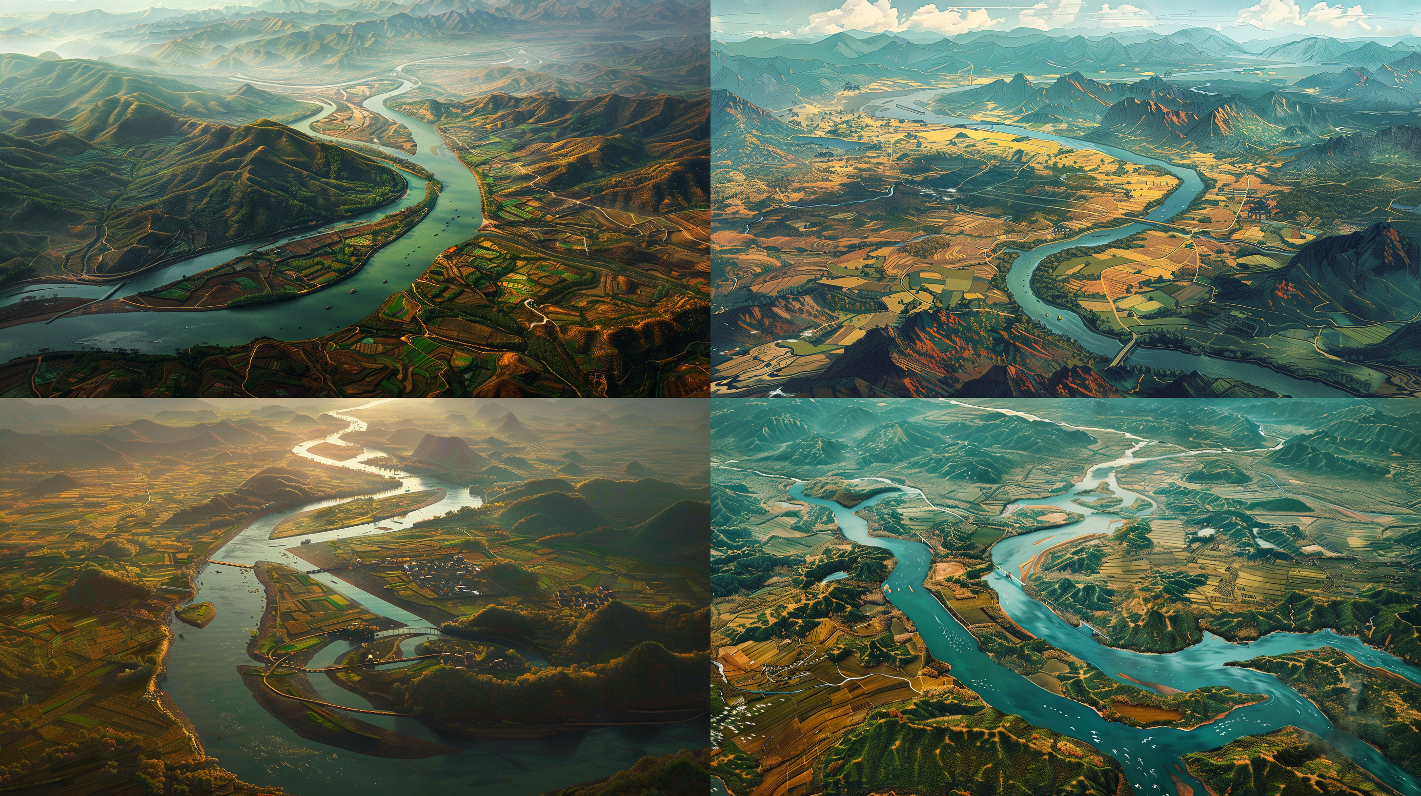 1930的中国农村，平原，没有桥，没有山脉，有一条蜿蜒的长江从农村中间穿过，航拍视角，超宏大的视角，画面细节、色彩极为丰富，色彩饱和