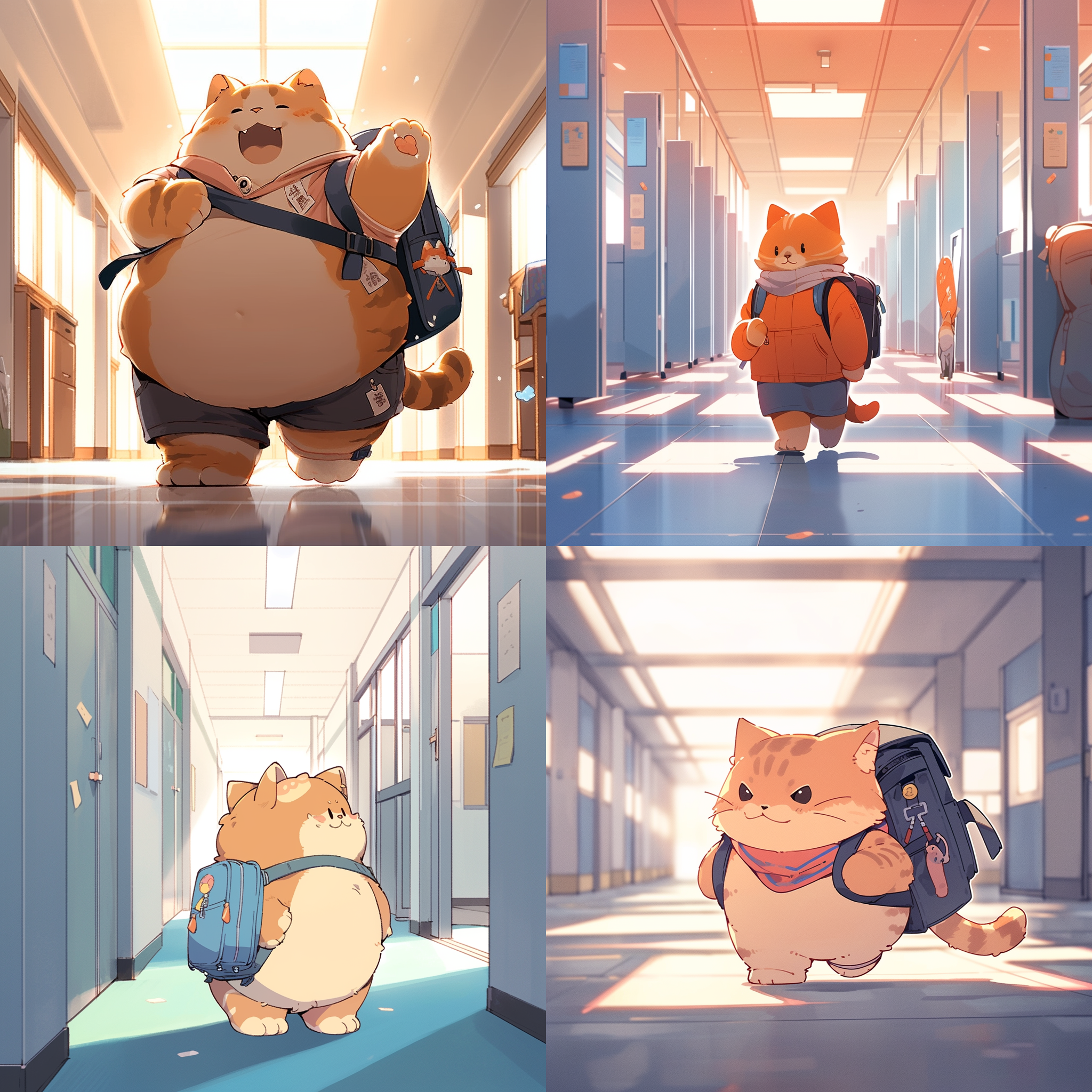 8k，胖嘟嘟的小橘猫背着蓝色书包在学校走廊边，穿着衣服，站着走，手拉着书包带，全景，开心的