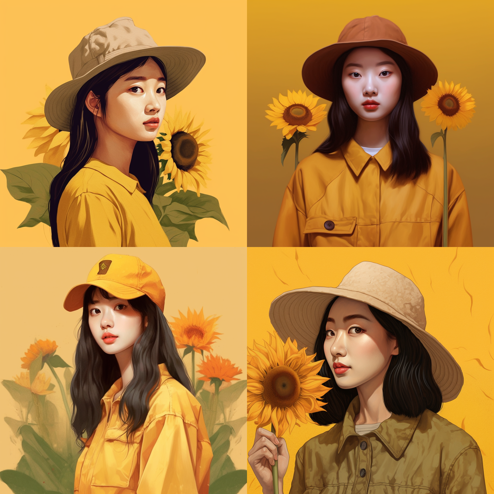 中国女生 戴着鸭舌帽 穿着黄色衣服 背景简约 手里拿着向日葵 侧脸