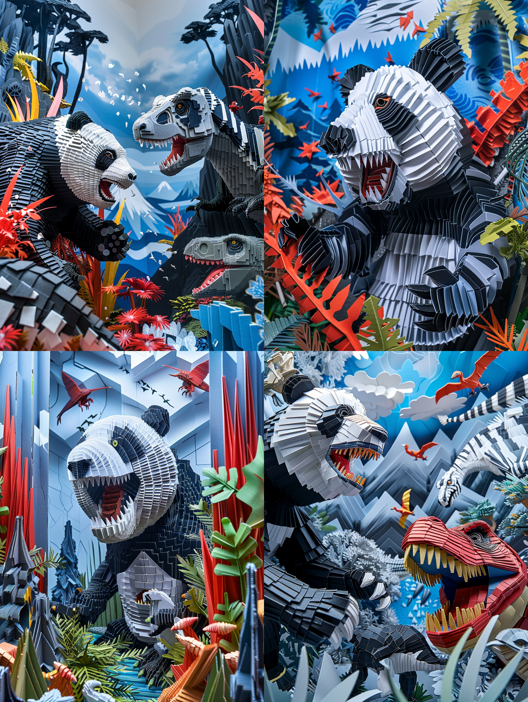 熊猫大战恐龙，纸建模艺术，纸折叠，超级细节，极致细节，高分辨率