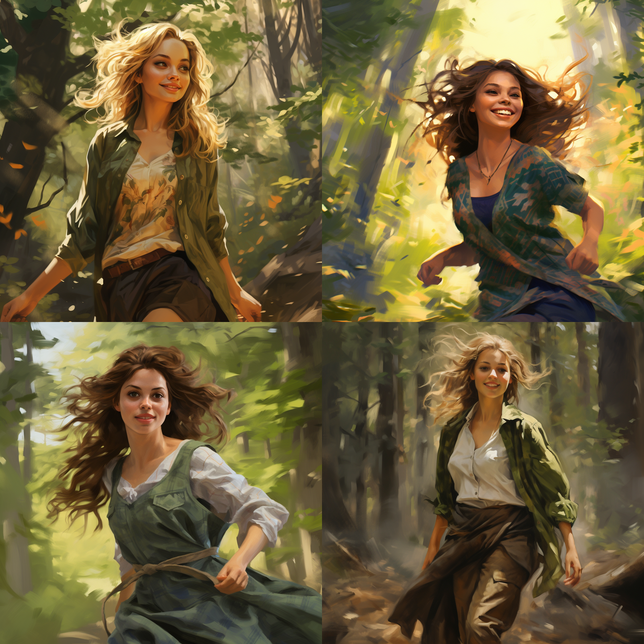 一个爱冒险的女孩,野外的森林里,徒步走着,开心