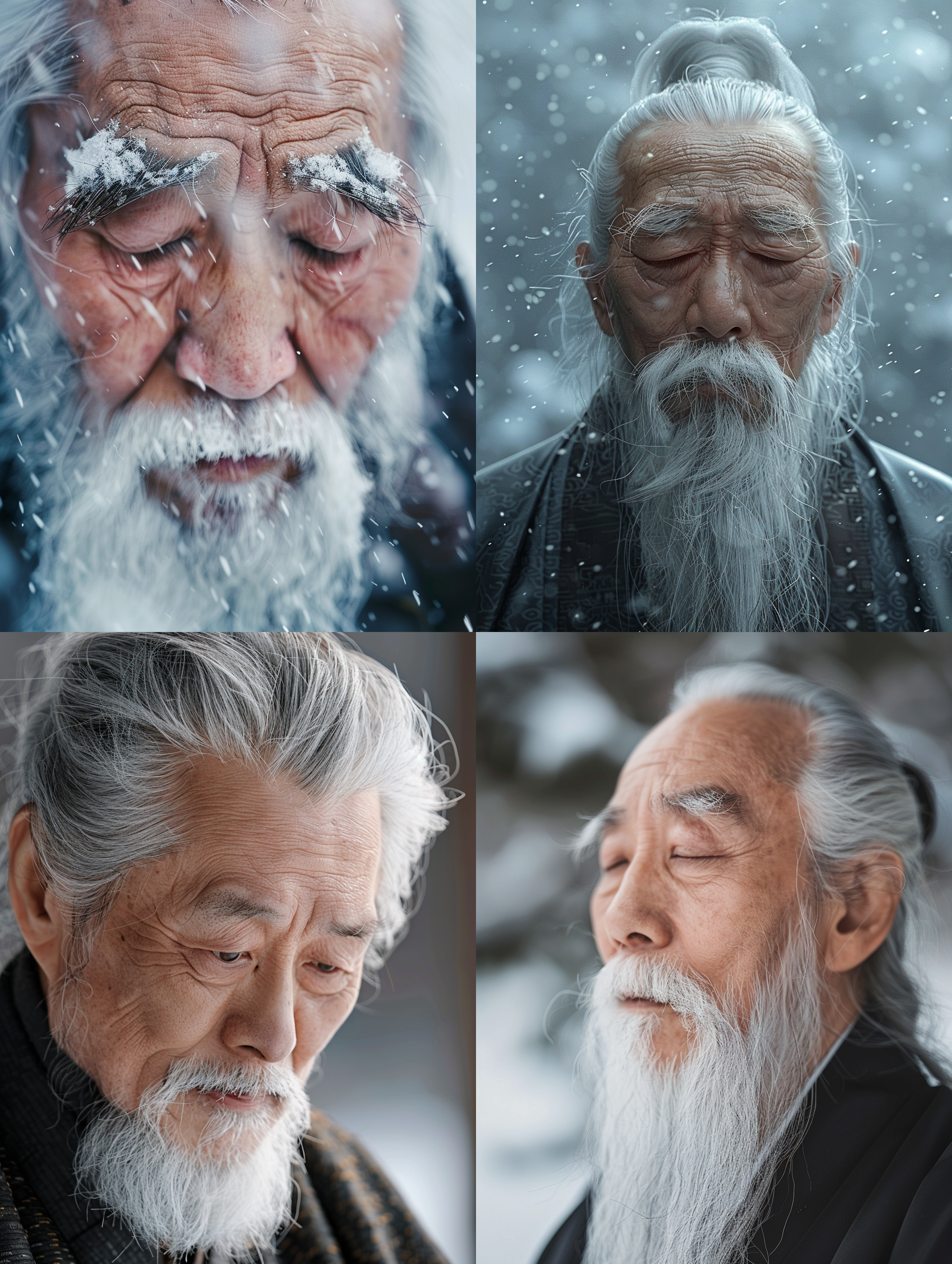 弘一法师,温和表情,内心宁静,花白头发,白色胡子,白色眉毛,渐变背景,简洁构图,寺庙,雪,深远意境,禅意色调,特写镜头,静态,广角,低饱和,冷色调,冥想。