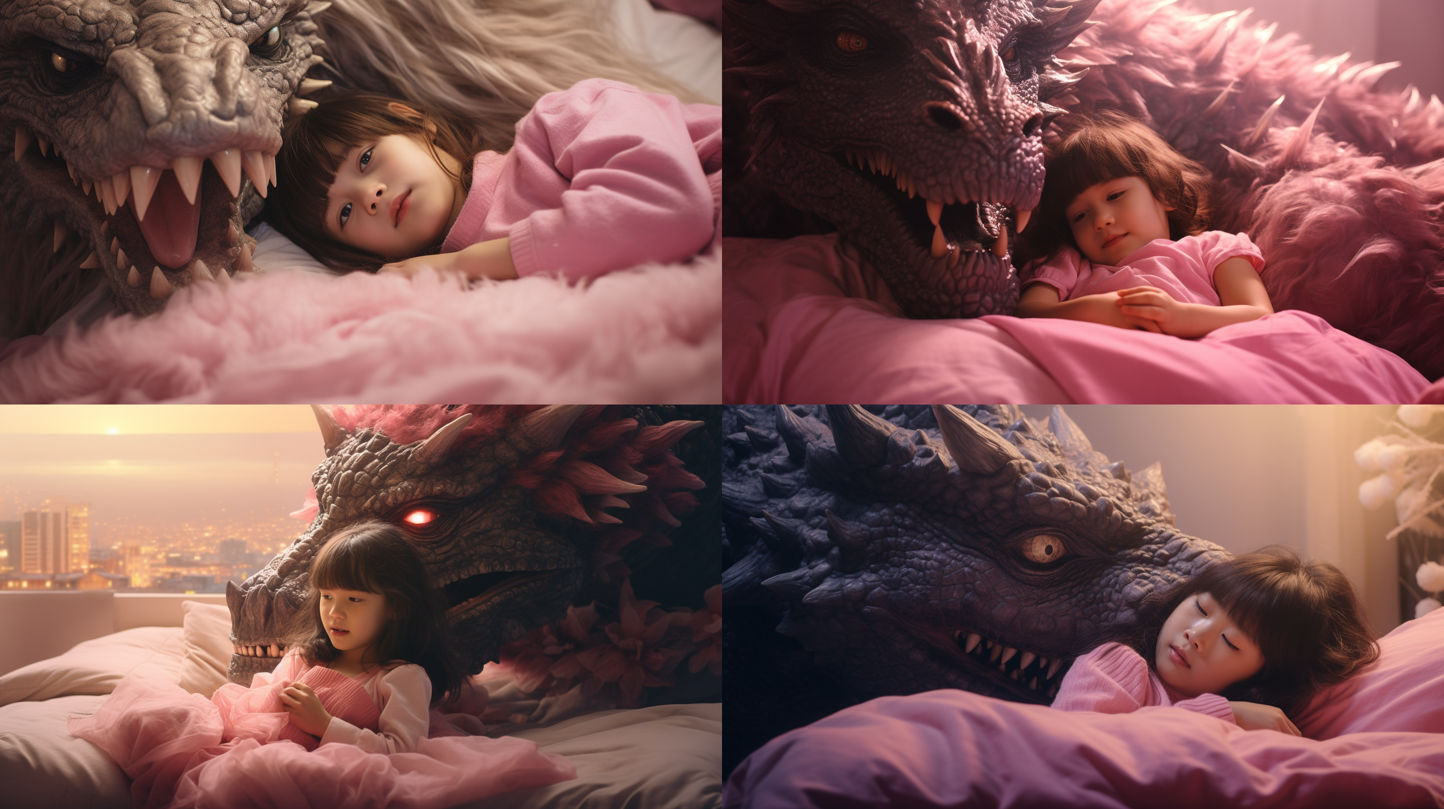粉色哥斯拉与小女孩，小女孩睡在哥斯拉身上，中心构图，粉红色宇宙，高饱和度，远景镜头，暖色调，环境光，凝视，可爱，粉红色，安详。