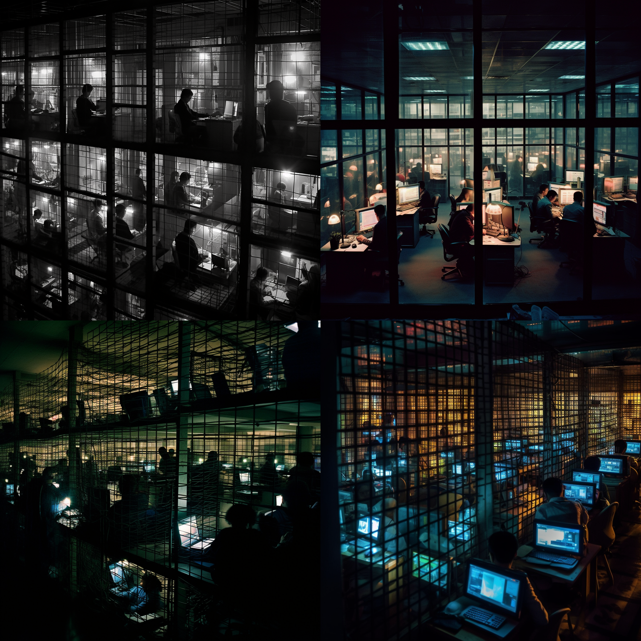 under the dim light, office workers face their computer screens, toiling night and day, their figures as if forgotten by time. the tapping of keyboards echoes in the silent office, becoming the background music of the city's night. their gazes are hollow, reflecting the endless code and numbers, their sole window to the world, yet also an invisible cage. these cages have no doors or locks, but they tightly bind their desire for freedom; like birds trapped in a cage, they can only struggle within a confined space, occasionally looking out the window, only to see a sky also trapped by towering buildings.as the night deepens, the hustle and bustle of the city slowly subsides, but for them, time seems to stand still. the heavy burden of work has bent their backs, and their souls have become numb. the dreams and passions of the past have been worn down by reality, leaving only a mechanical pursuit to complete tasks. they ponder, but no longer about life; it's about solving the next problem, completing the next task.this life goes on day after day, year after year. the seasons change outside, but they seem to live in a seasonless space, repeating the same cycle every day. they long to fly, to breathe fresh air, to see a broader world, but trapped in this modern life's cage, freedom is just a distant dream.