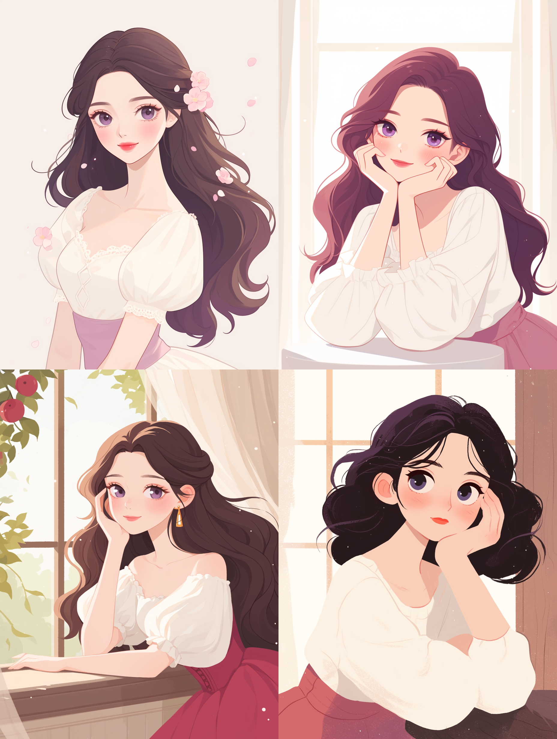 女生插画，大眼睛，微笑，小清晰色彩，素描风格，室内环境，柔和光线，淡雅色调，愉悦，温馨。