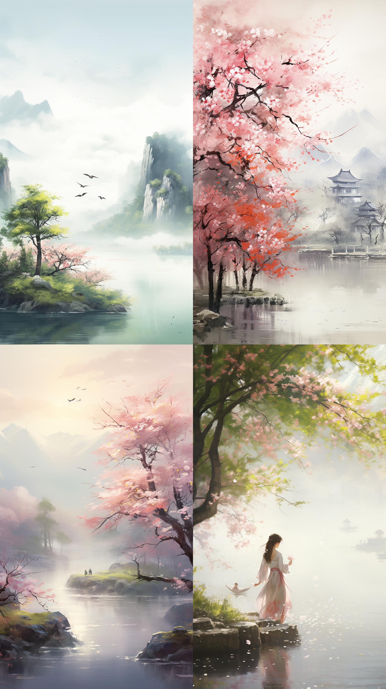 春雨细雨，新中式国潮风格，清明节海报，山水画背景，花鸟图案，和煦光线，柔和色调，富有诗意，中国风情，春光明媚，唯美。