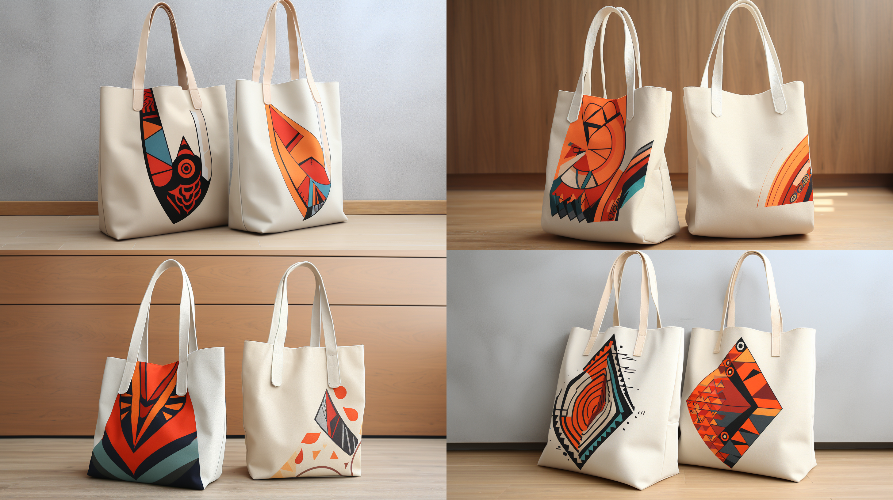 设计一个帆布袋，整体采用浅灰或米色，帆布上印着流行的几何图案或独特的涂鸦设计，展现个性与时尚感。