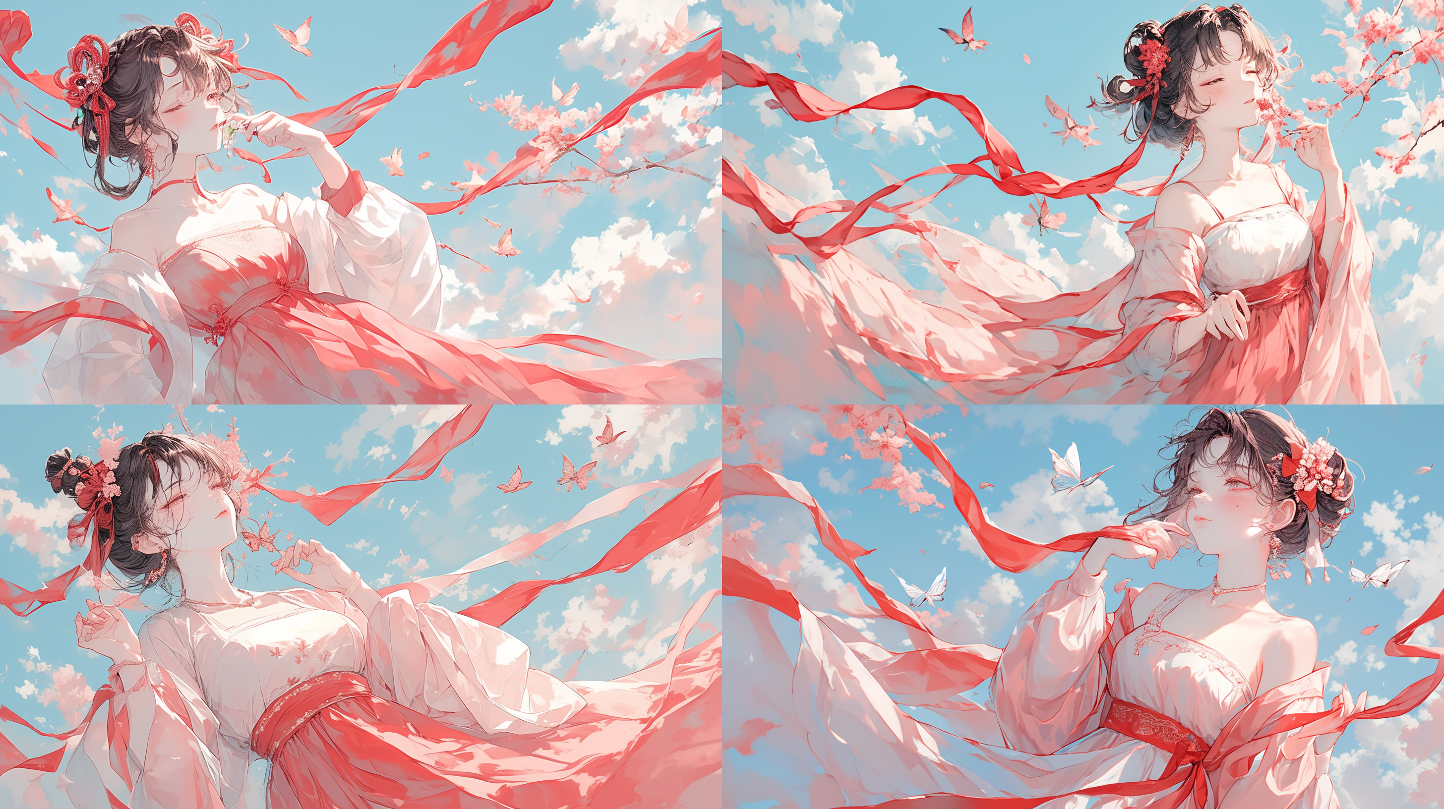 樱花树下的小女孩，穿粉色汉服，蝴蝶围绕，欢快和谐，竖构图，广角镜头，自然光，缓慢快门，舞动，柔和色调，温馨。