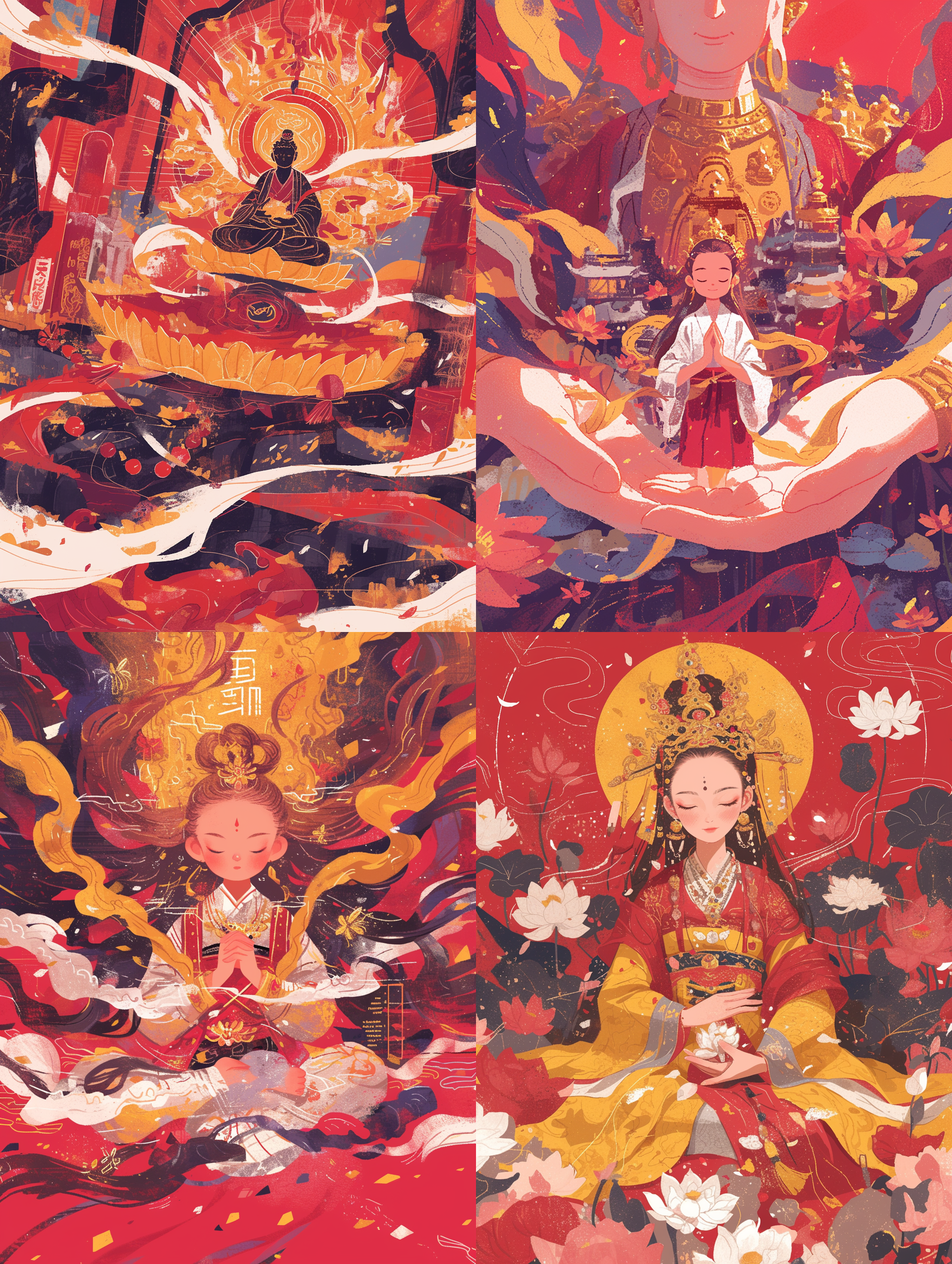 观音手上的小罗汉，细腻笔触，敦煌插画风格，柔软流畅，金箔祥云，涟漪环绕，中国红，靛蓝，细节丰富，色彩鲜艳，神秘感。