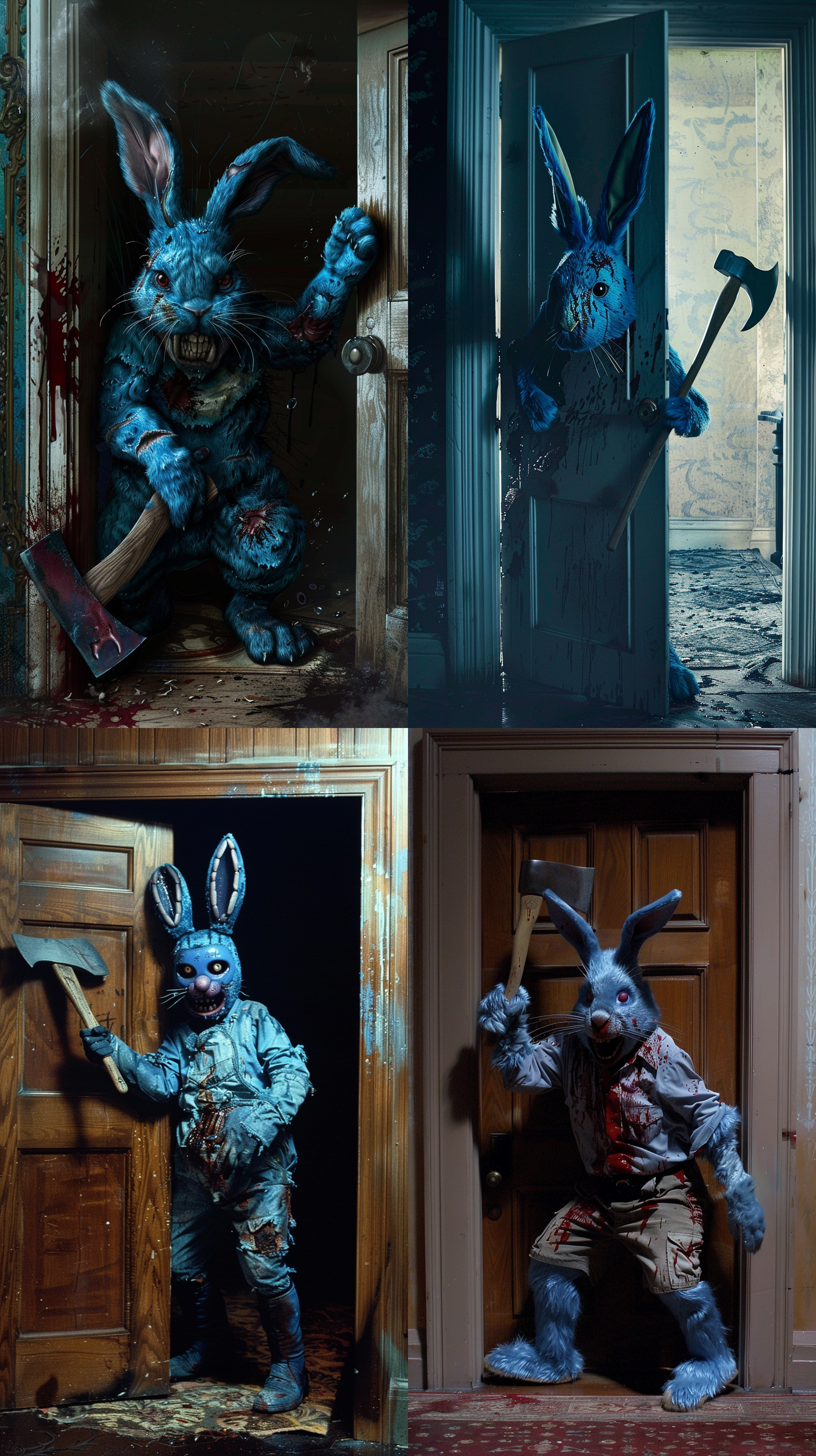 《闪灵》的经典场景，蓝色的兔子拿着斧头，身上沾着大量污渍，破门而入