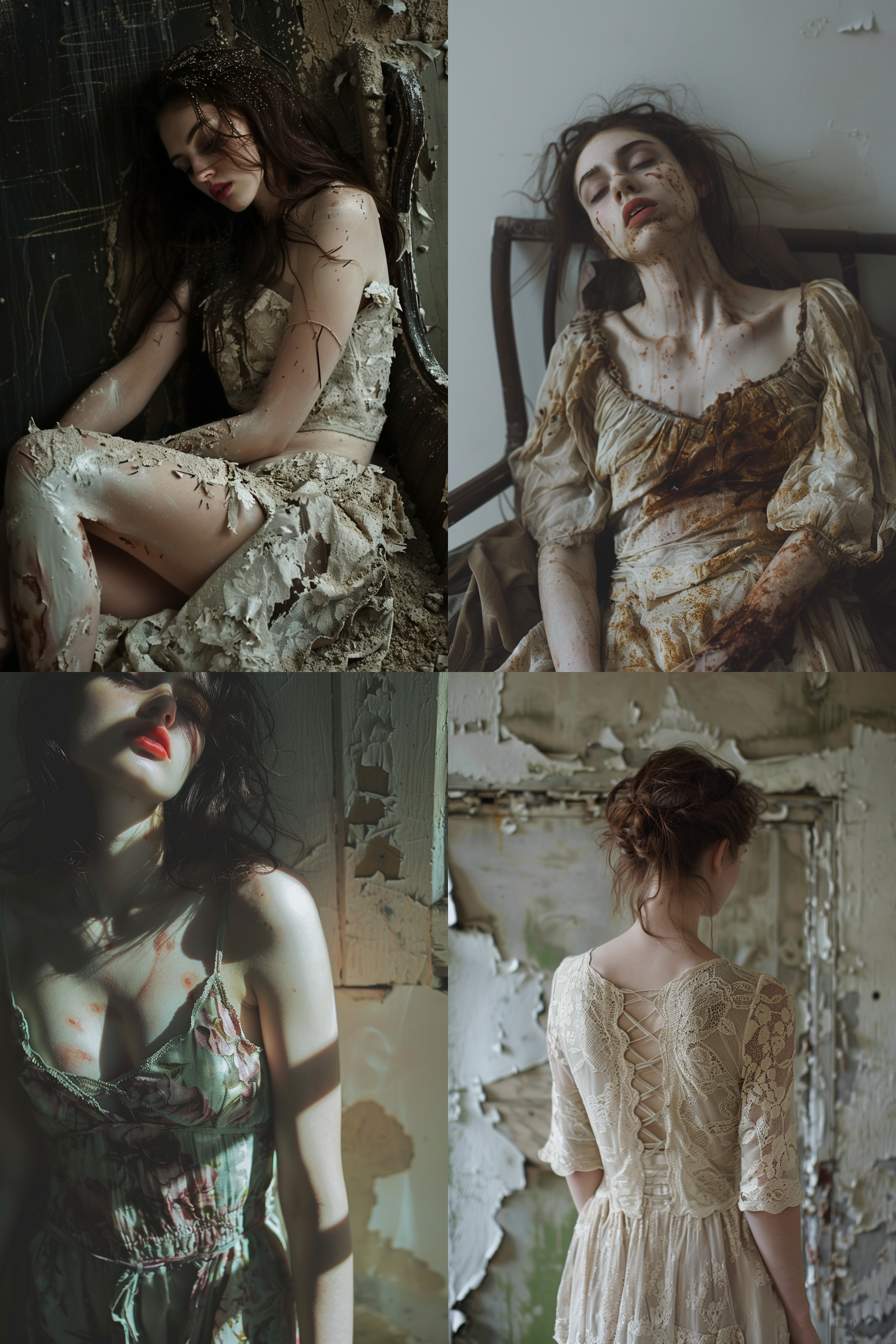 the charming shape of a beautiful woman's entire body, the twilight light, the film style, and the passage of time, covered in rotten spots.