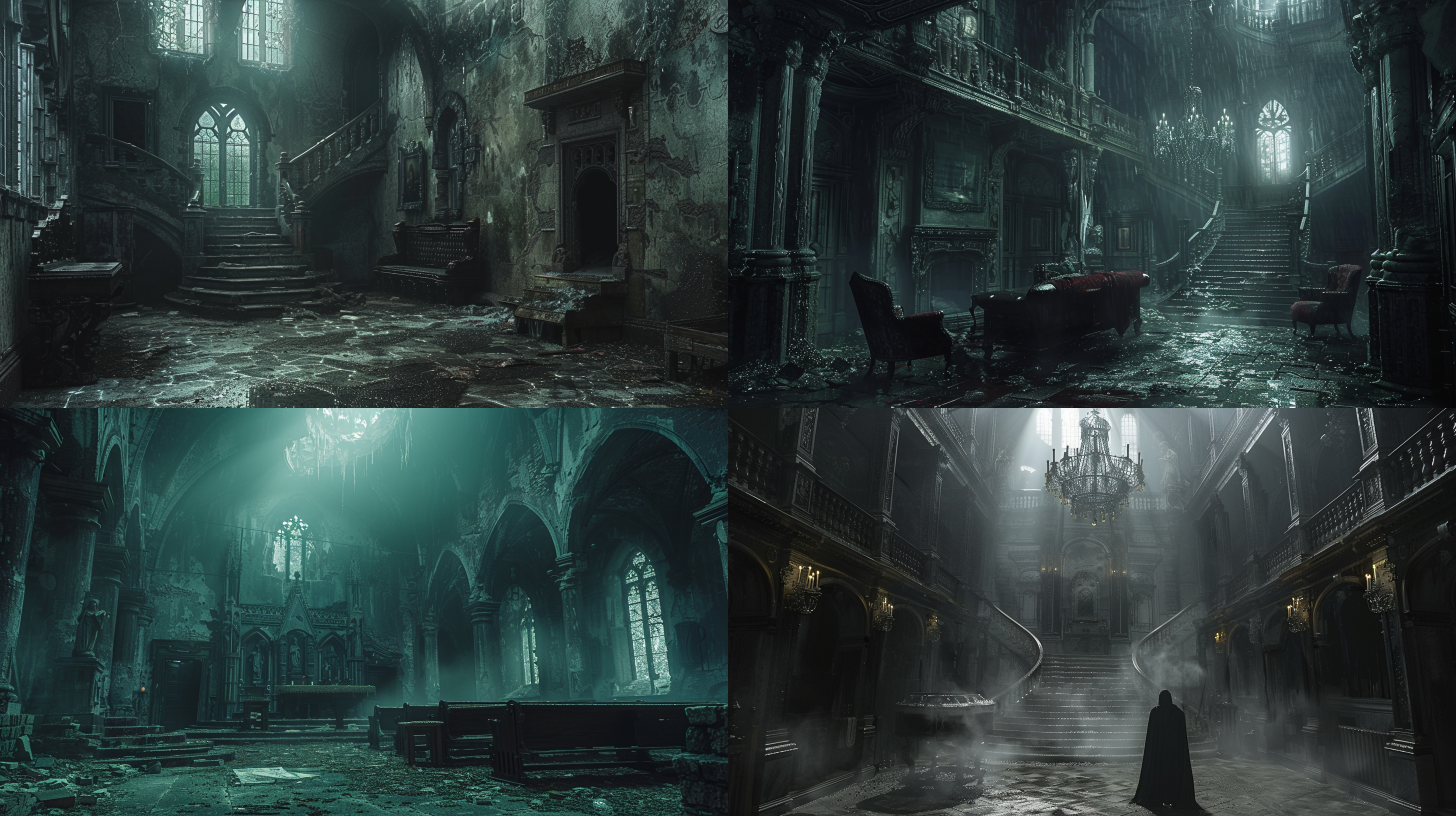 古堡内阴森场景，昏暗照明，薄雾弥漫，古老家具，恐怖氛围，极端对比度，静态构图，暗色调，窥视角度，悬念。