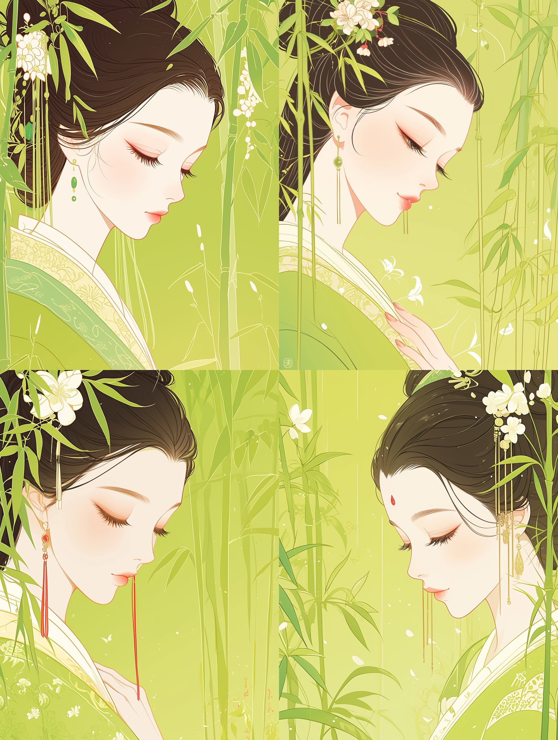 中国古代少女，面部肖像插画，深居闺中，在思念男朋友，图形插画风格，平面简约，梦幻装置风格，青绿色，动态插画，难以置信的美丽，优雅的形象，浪漫的插画，大胆的阴影，3:4宽高比。