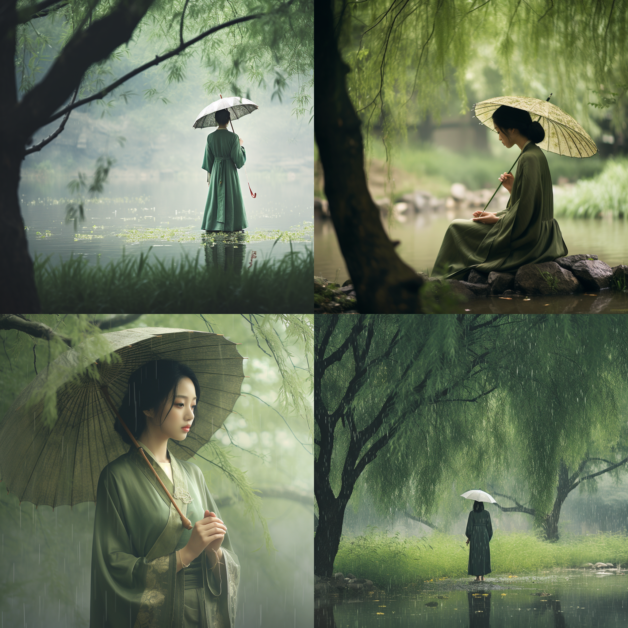 清明时节，一位身着传统汉服的女子独自立于青翠的柳树下，手持一把纸伞，细雨中凝望远方。复古色调，柔和光线，静谧氛围，倾听，思考，忧郁。