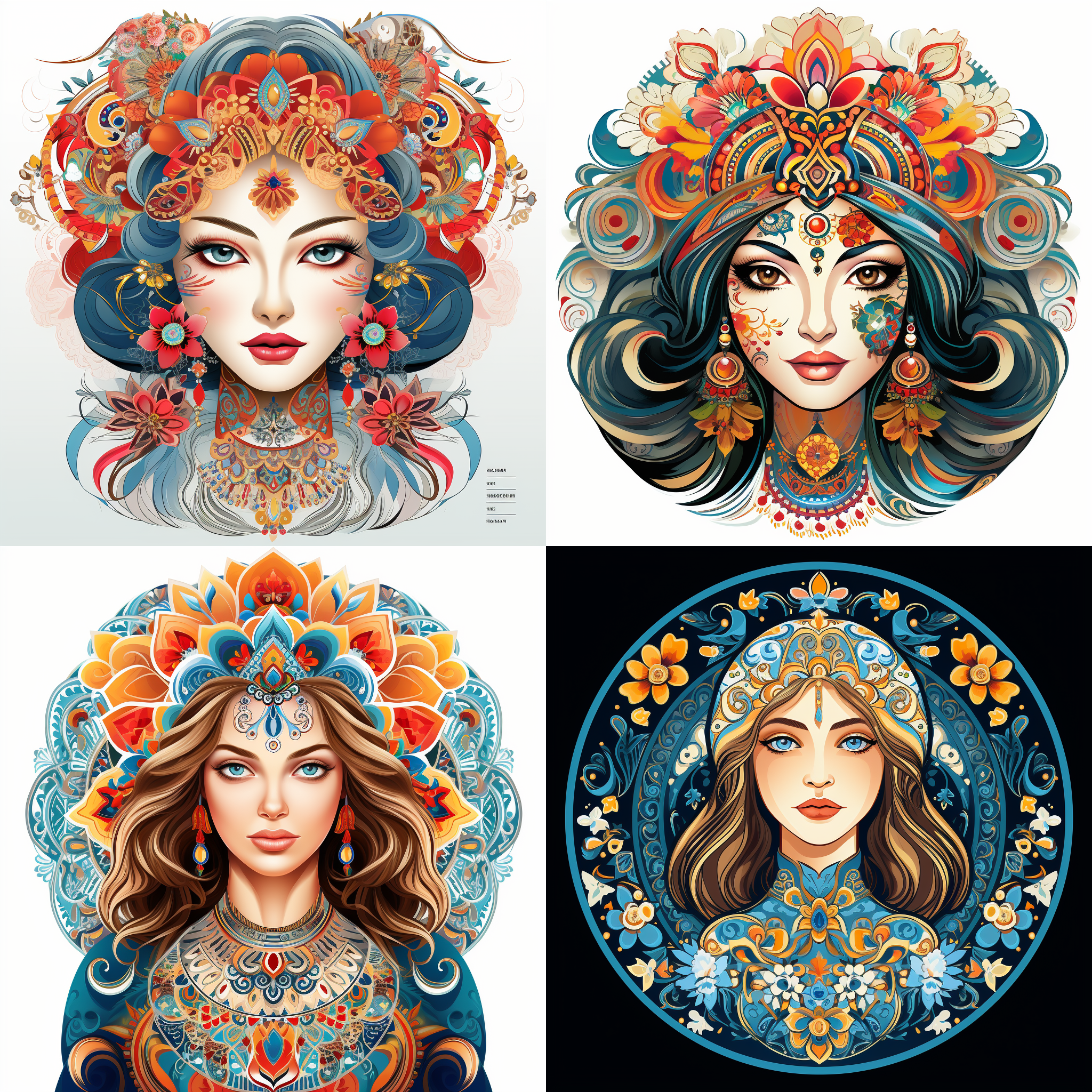 imagine a russian beauty with a traditional kokoshnikt, standing in full body view, elegant temperament，mai, in the style of picasso, rich in details and expressions, 8k, panoramic, ultra high definition, exquisite features, pretty makeup, plump, vector decorations，the picture should be in the form of mandala