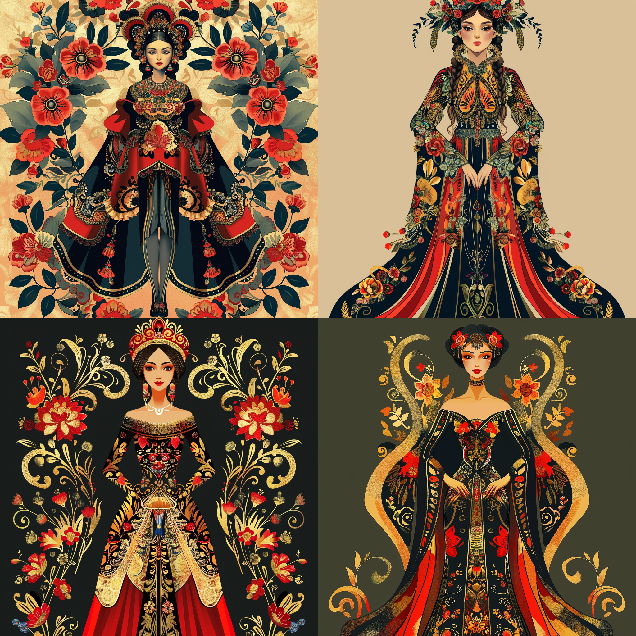 imagine a russian beauty with a traditional kokoshnikt, standing in full body view, elegant temperament，mai, in the style of picasso, rich in details and expressions, beautiful body, 8k, panoramic, ultra high definition, exquisite features, pretty makeup, long legs, plump, vector decoration，the picture should be in the form of mandala
