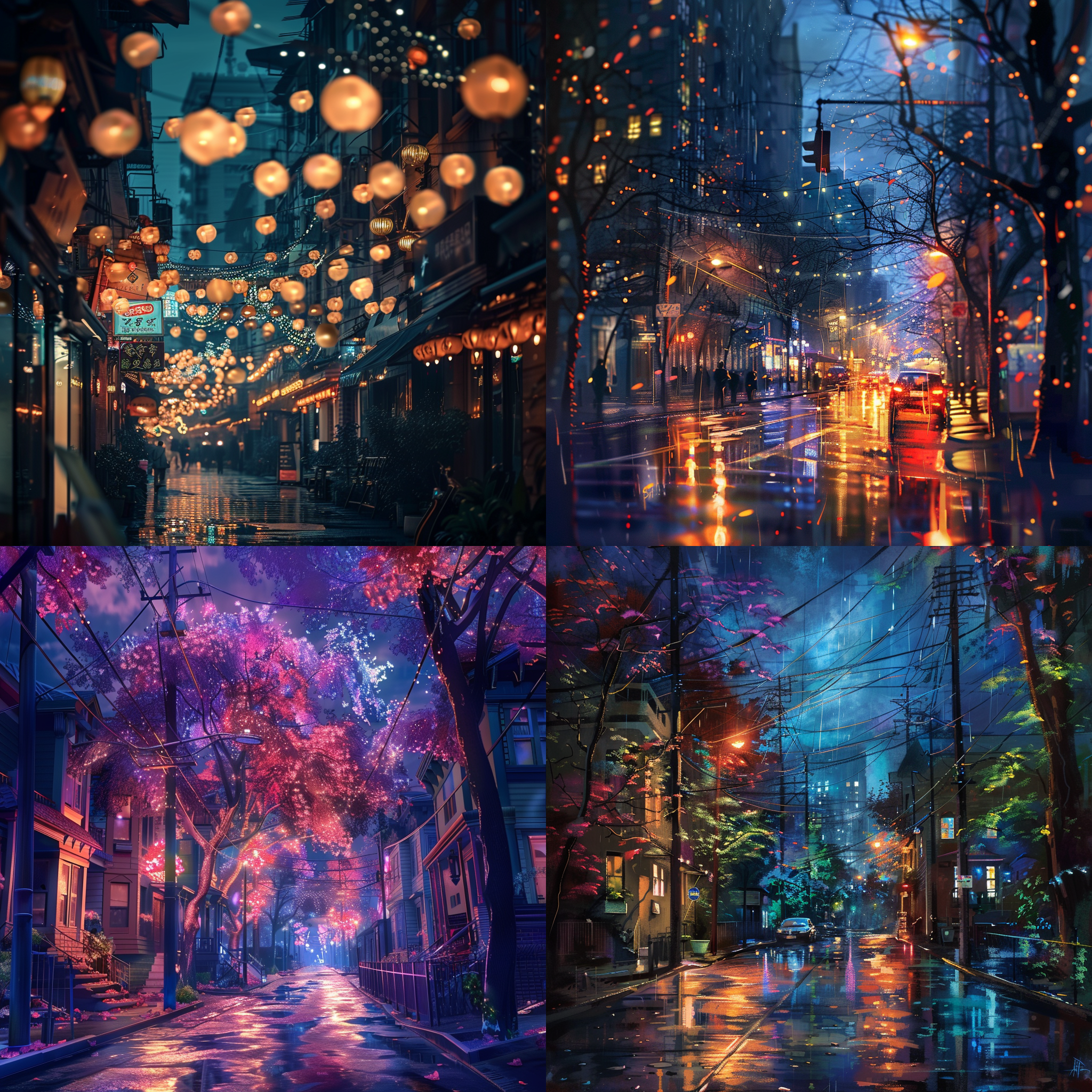 watercolour paint, 上海街道，雨夜，拥挤的人群，霓虹灯映衬下的雨滴，反射在湿润的路面上，表现出独特的城市夜景。街道弯曲延伸，车流川流不息，繁华与喧嚣交织。夜色中的人们匆匆而过，衬托出都市的孤独与忙碌。城市夜景，雨夜情绪，霓虹灯光，街道场景，繁华都市，雨滴反射，匆匆而过， luminous dreamy street view,4k,