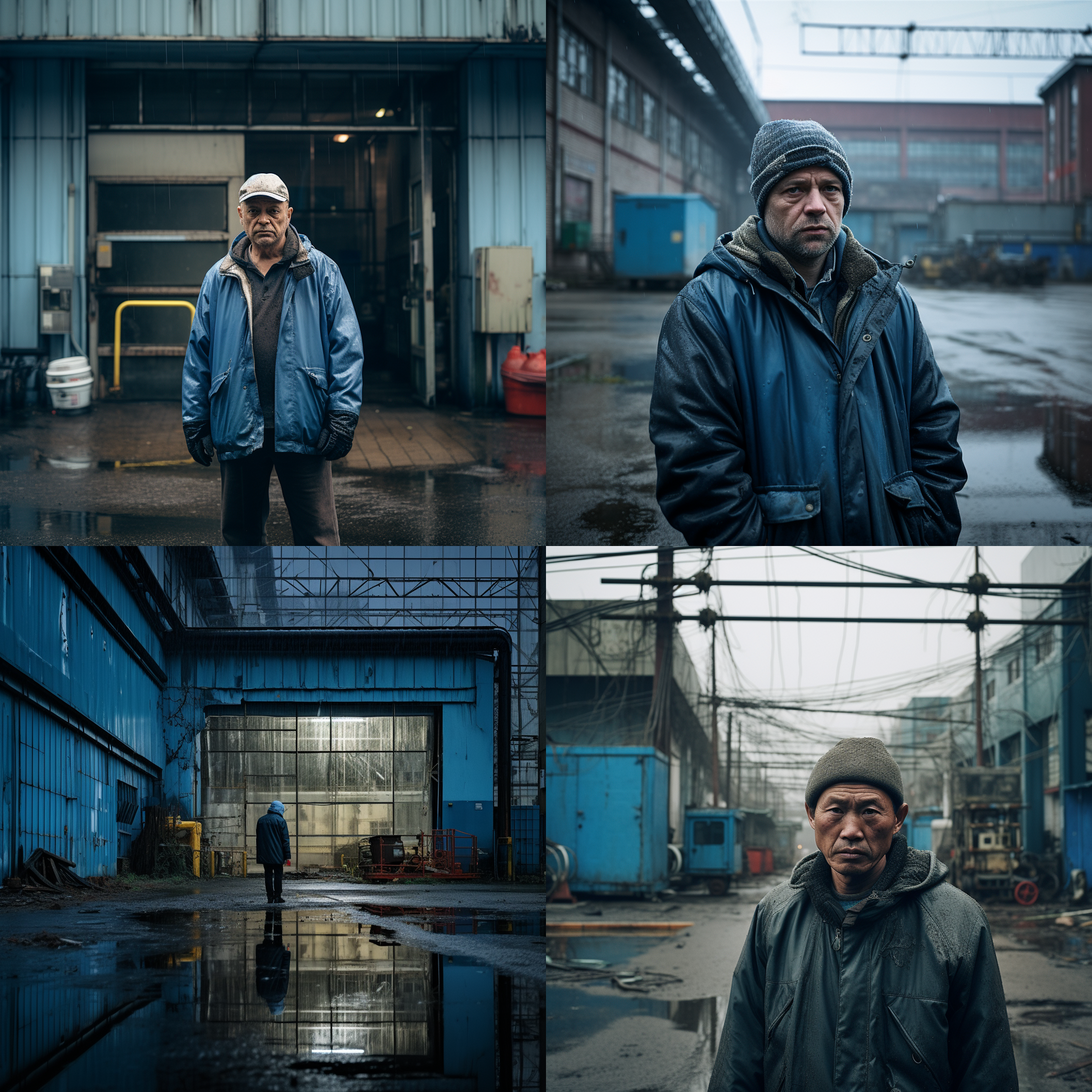 中年男子在电子厂门口，茫然忧虑，破旧工厂，阴沉天气，悲伤氛围，对角线构图，蓝色调，50mm定焦镜头，侧光，静态，低饱和，忧郁。