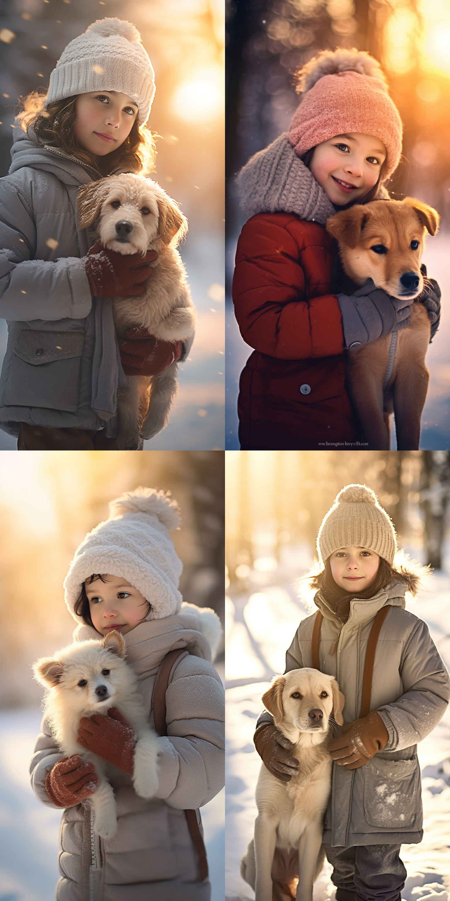 雪地上的小女孩，抱着一只可爱的小狗，微笑着看向远方。柔和的阳光洒在她们身上，温暖治愈。冬日风景，自然色调，逆光，肖像模式，温馨，幸福，轻松。