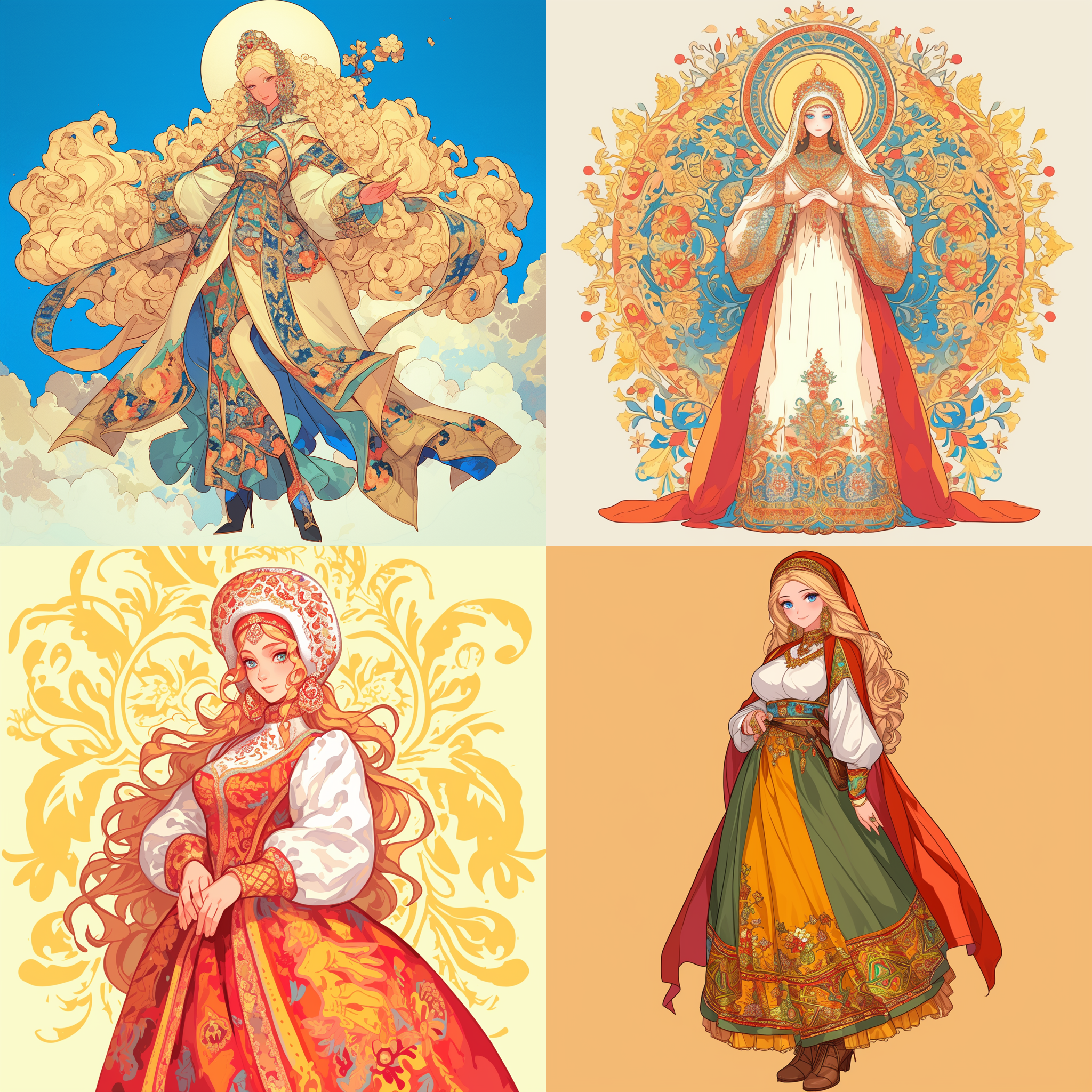 imagine a russian beauty with a traditional kokoshnikt, standing in full body view, elegant temperament，mai, retro old manga style, rich in details and expressions, beautiful body, 8k, panoramic, ultra high definition, exquisite features, pretty makeup, long legs, plump, vector decoration，the picture should be in the form of mandala