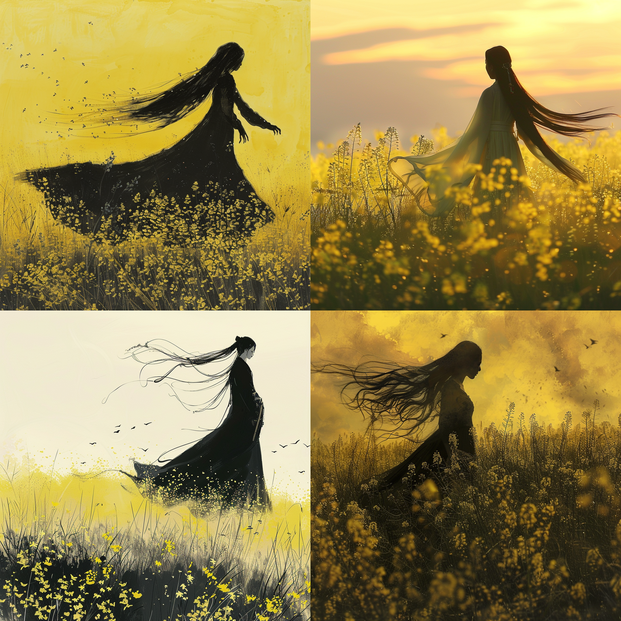 油菜花近景 微风浮动 一位中国妙龄女子背影 长发飘飘