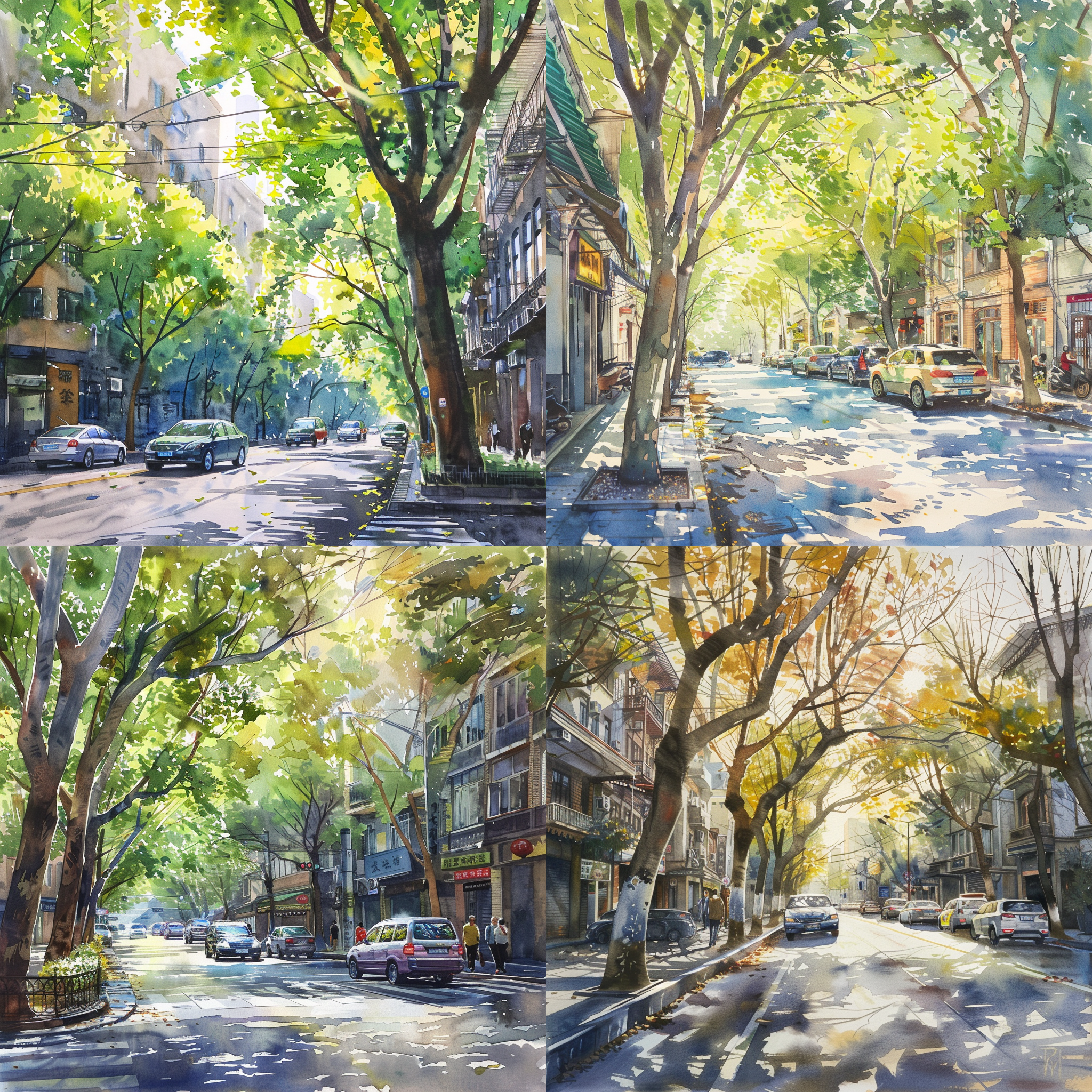 watercolour paint, shanghai, street with trees, few cars and peaple, bright outdoor scenes with play of light and shadow, side angle view, luminous dreamy street view,4k,