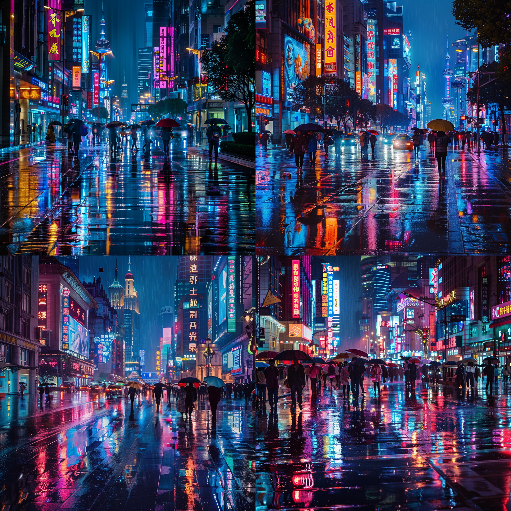 上海街道，雨夜，拥挤的人群，霓虹灯映衬下的雨滴，反射在湿润的路面上，表现出独特的城市夜景, 车流川流不息，繁华与喧嚣交织。夜色中的人们匆匆而过，衬托出都市的孤独与忙碌。城市夜景，雨夜情绪，霓虹灯光，街道场景，繁华都市，4k