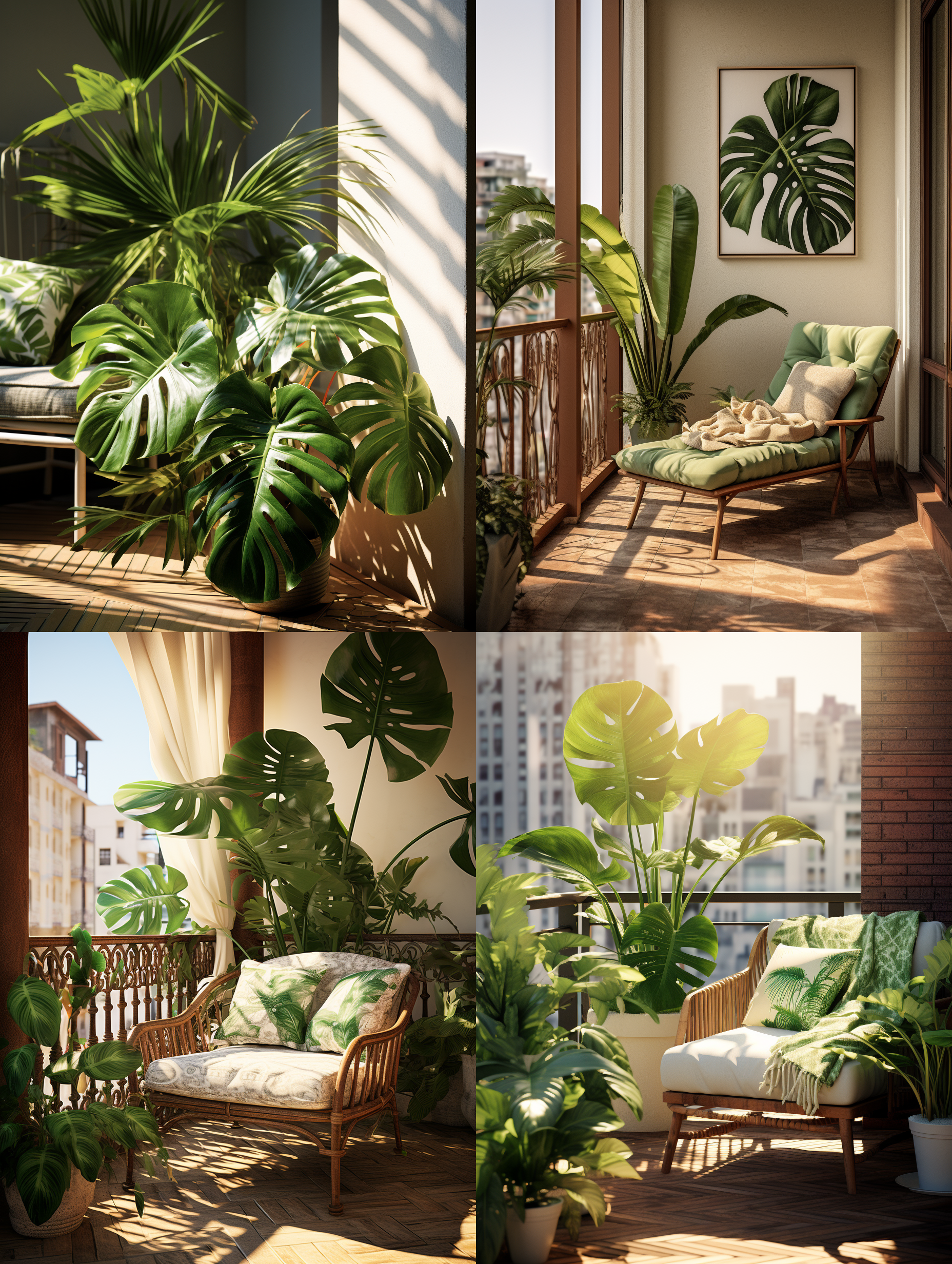 monstera deliciosa liebm在阳台上，温馨阳光，超精细，植物主题，绿色调，自然光，逆光拍摄，细节丰富，清晰。