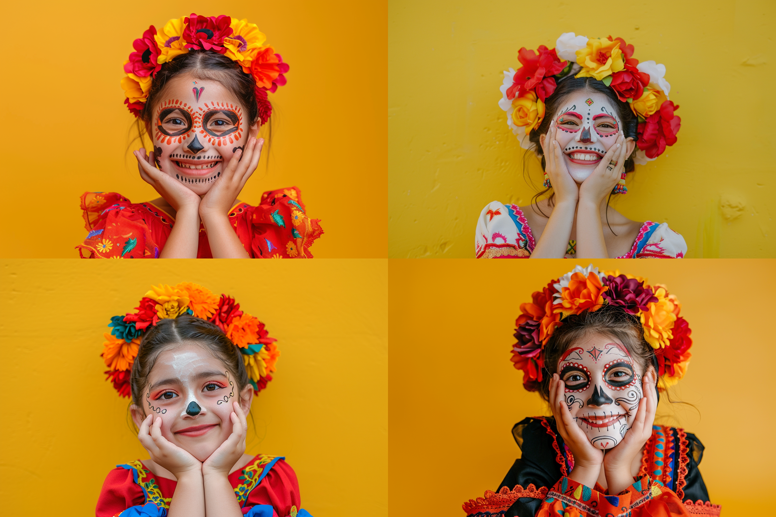一个有着墨西哥亡灵节装扮的可爱女孩，墨西哥女孩，微笑着，双手摆出经典动作，正面拍摄，人物视角，黄色背景，高清质感，